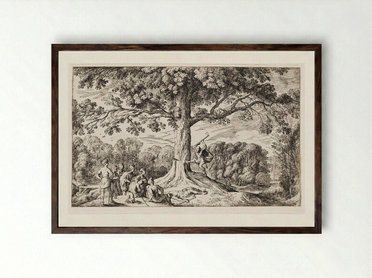 Erysichthon Chops Down an Oak Sacred to Ceres - Johann Wilhelm Baur - Framed Print Dark Wood