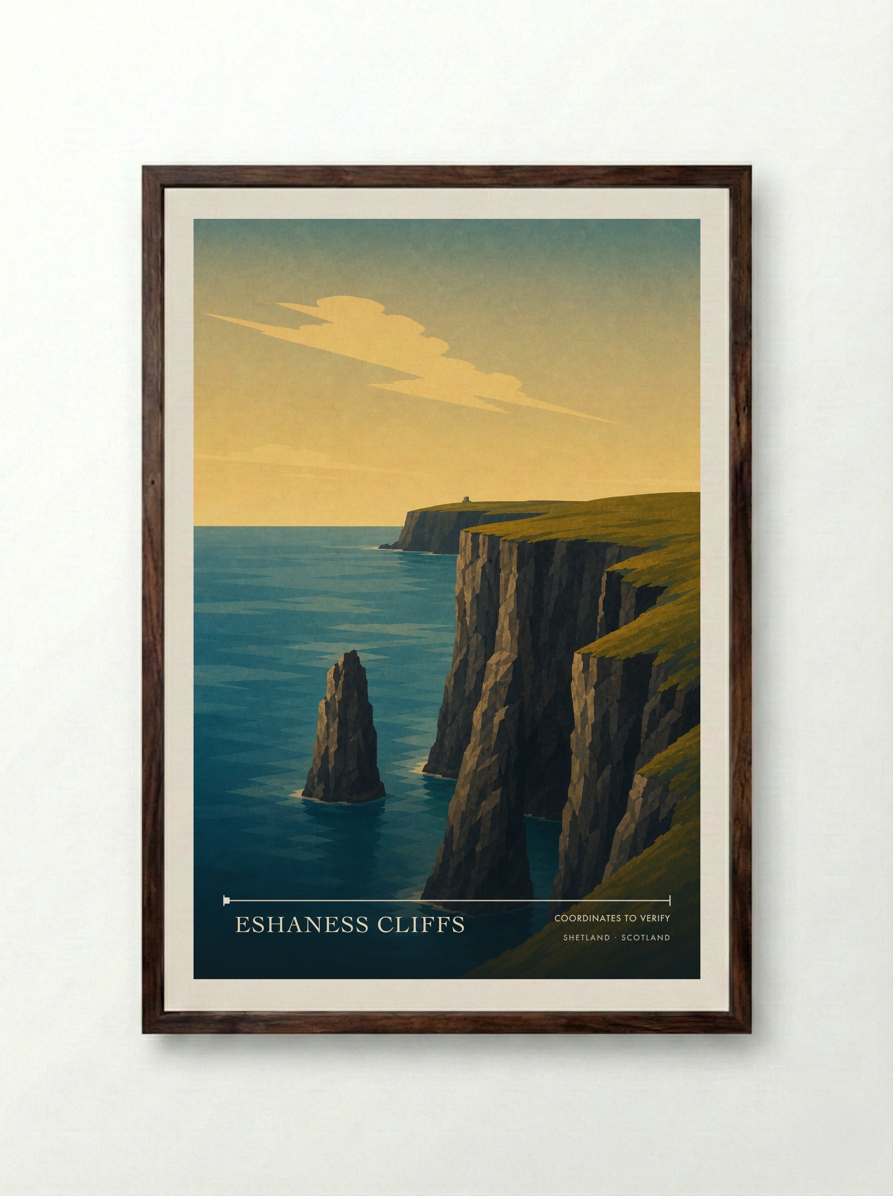 Eshaness Cliffs Shetland Scotland Travel Poster - Framed Print Dark Wood