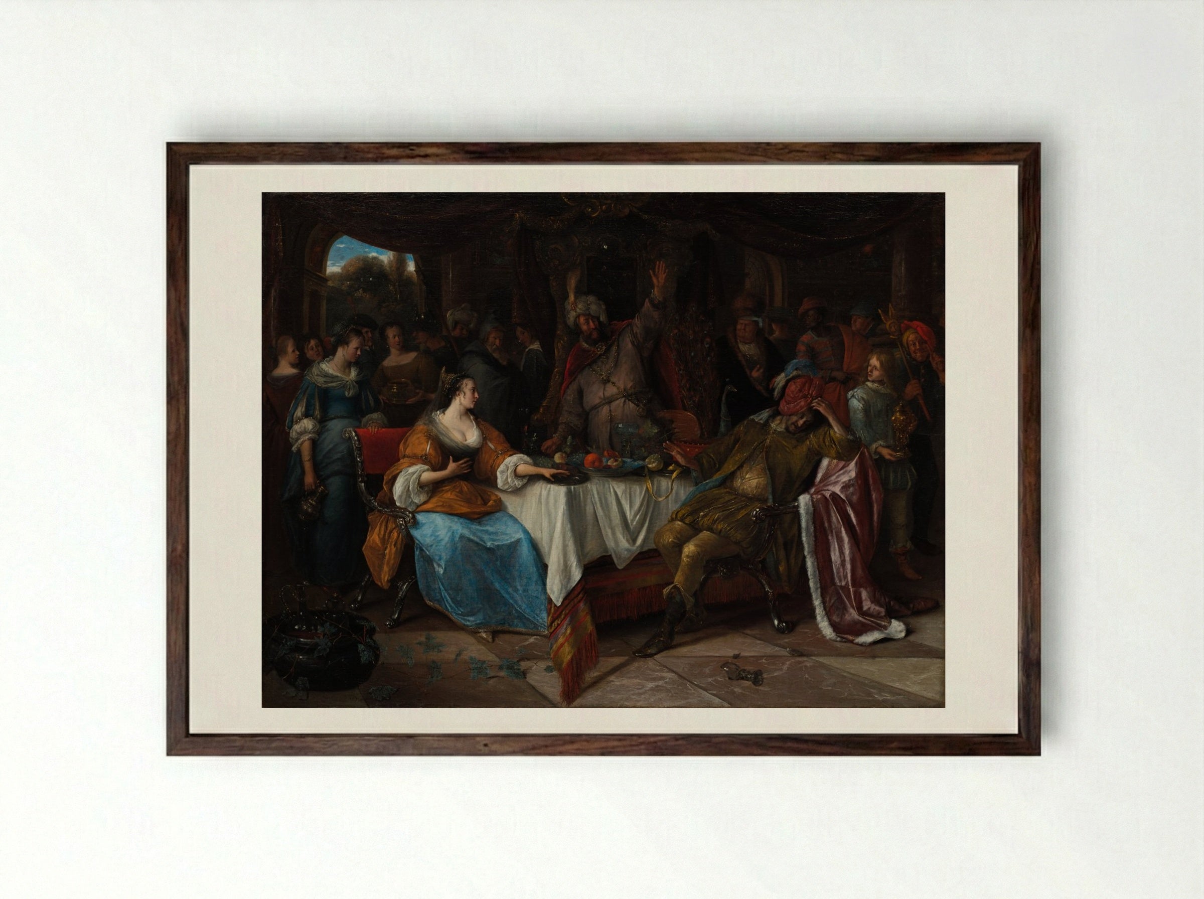Esther, Ahasuerus, and Haman - Jan Steen - Framed Print Dark Wood