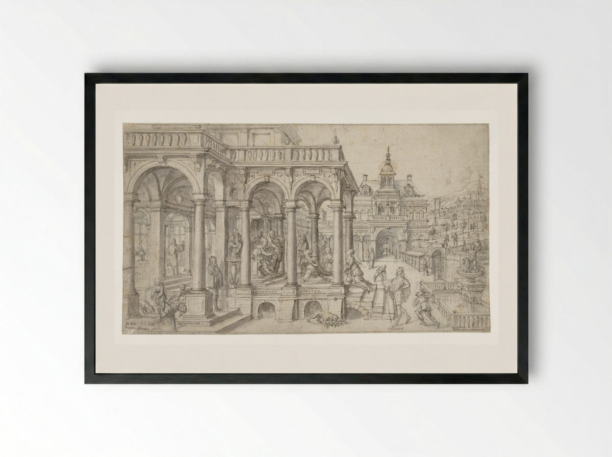 Esther before Ahasuerus - Hans Vredeman de Vries - Framed Print Black