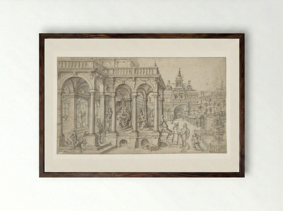 Esther before Ahasuerus - Hans Vredeman de Vries - Framed Print Dark Wood