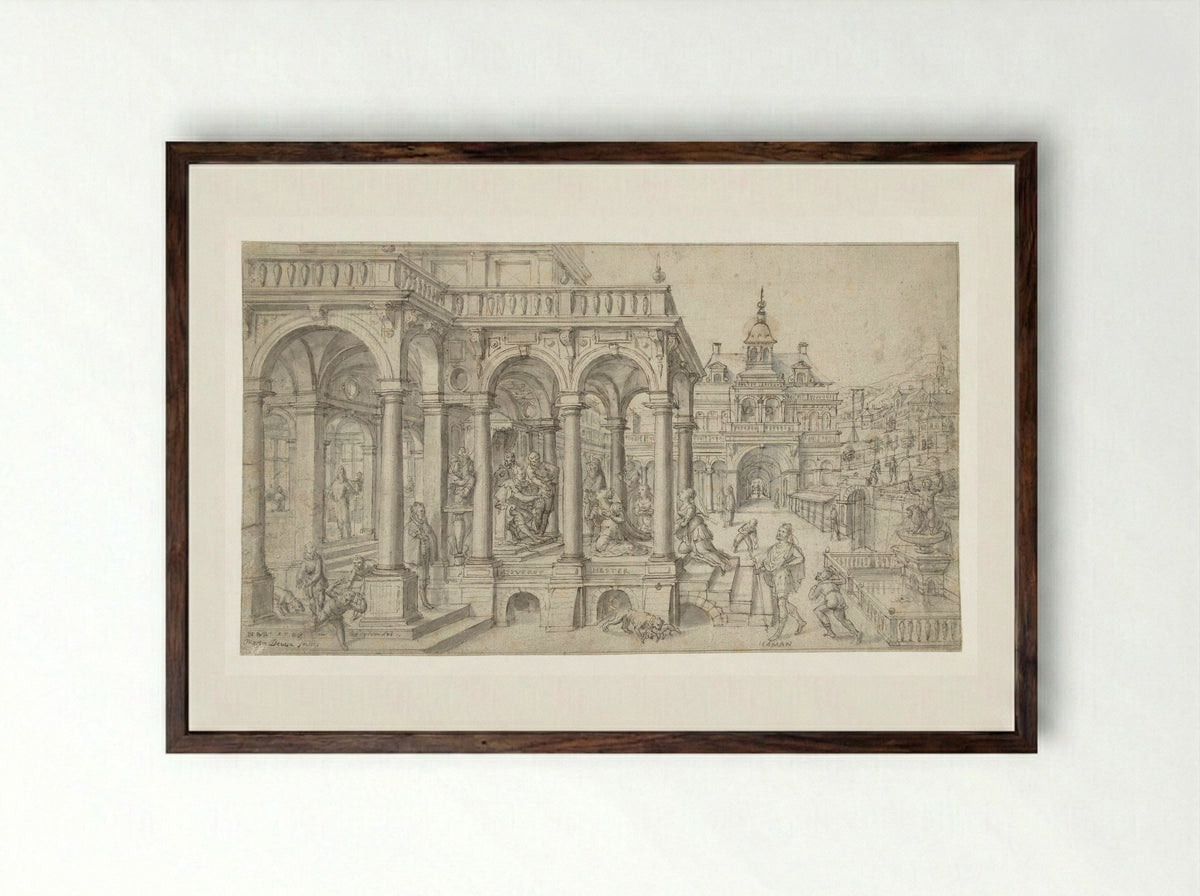 Esther before Ahasuerus - Hans Vredeman de Vries - Framed Print Dark Wood