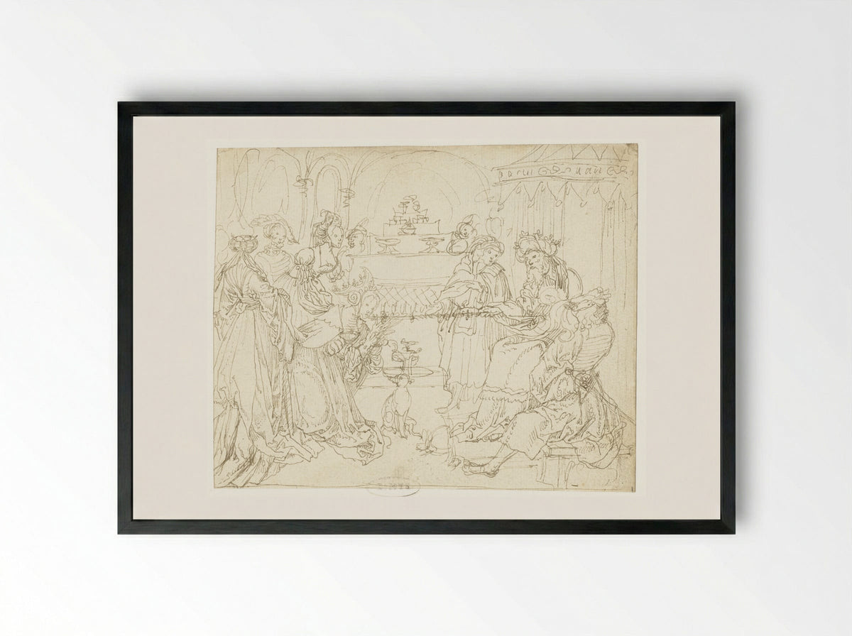 Esther voor Ahasverus - Meester van het Berlijnse Schetsboek - Framed Print Black