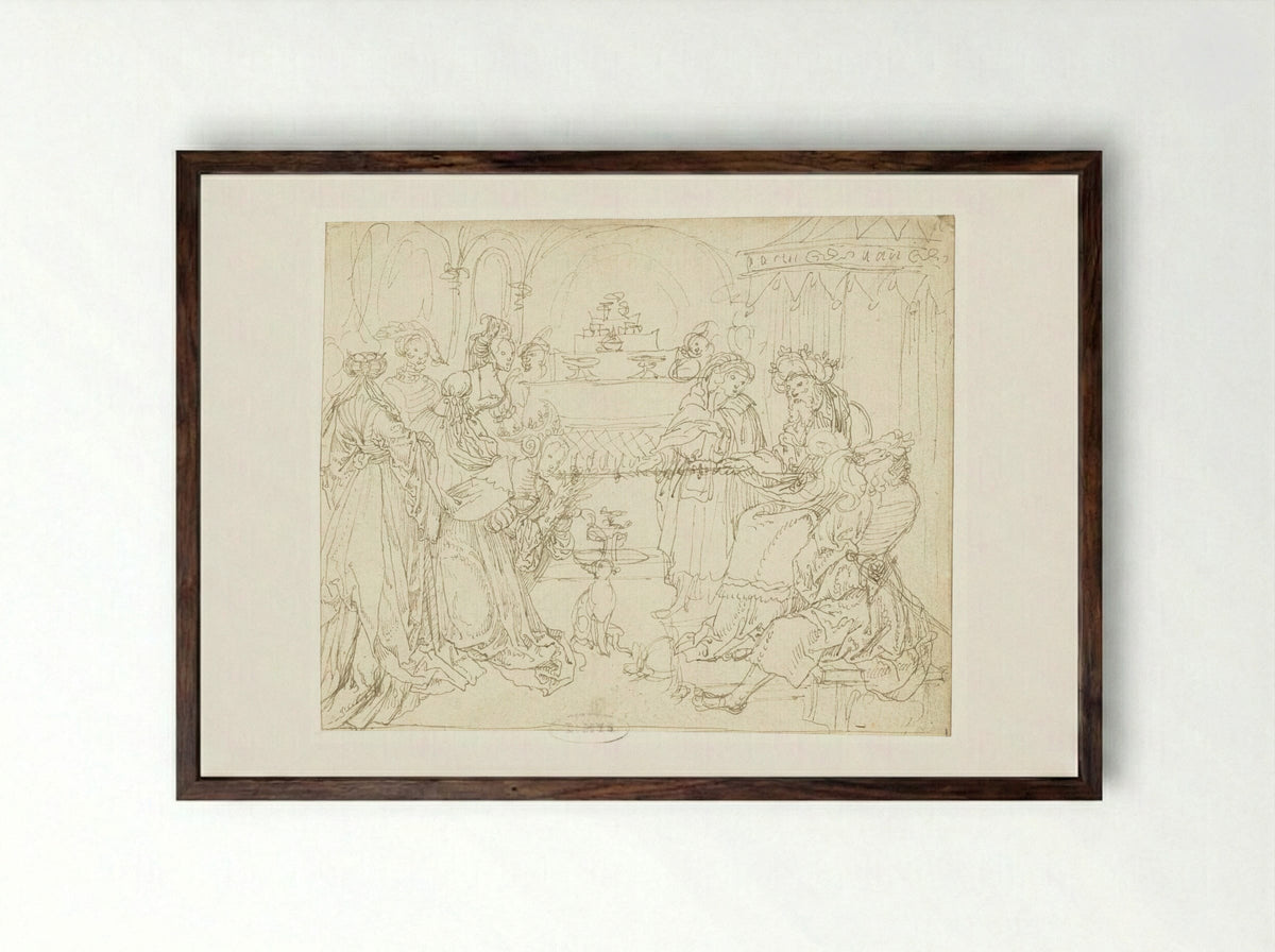 Esther voor Ahasverus - Meester van het Berlijnse Schetsboek - Framed Print Dark Wood