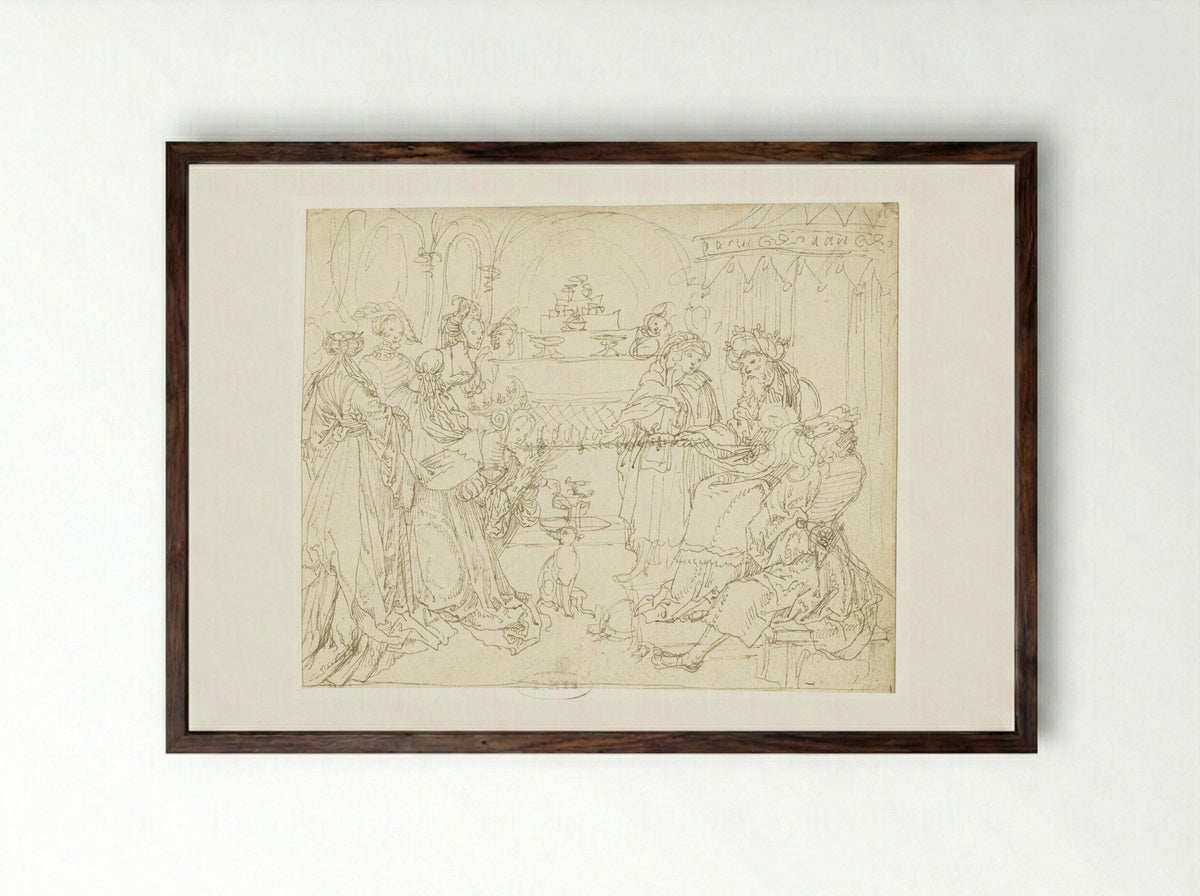Esther voor Ahasverus - Meester van het Berlijnse Schetsboek - Framed Print Dark Wood