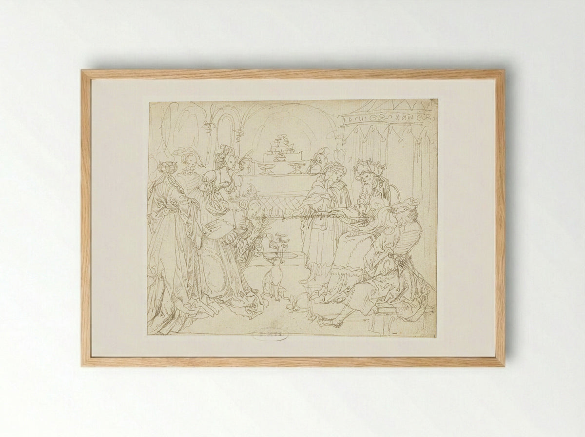 Esther voor Ahasverus - Meester van het Berlijnse Schetsboek - Framed Print Wood