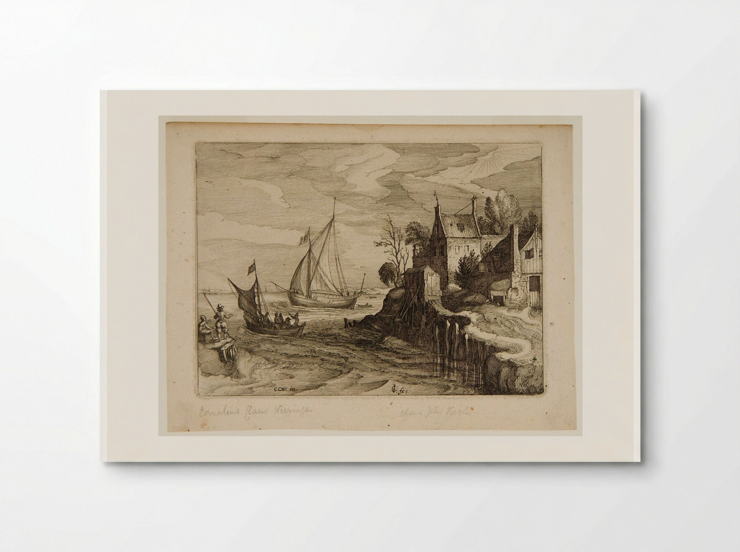 Estuary Landscape with Two Ships, a Building at Right - Claes Jansz. Visscher - Poster