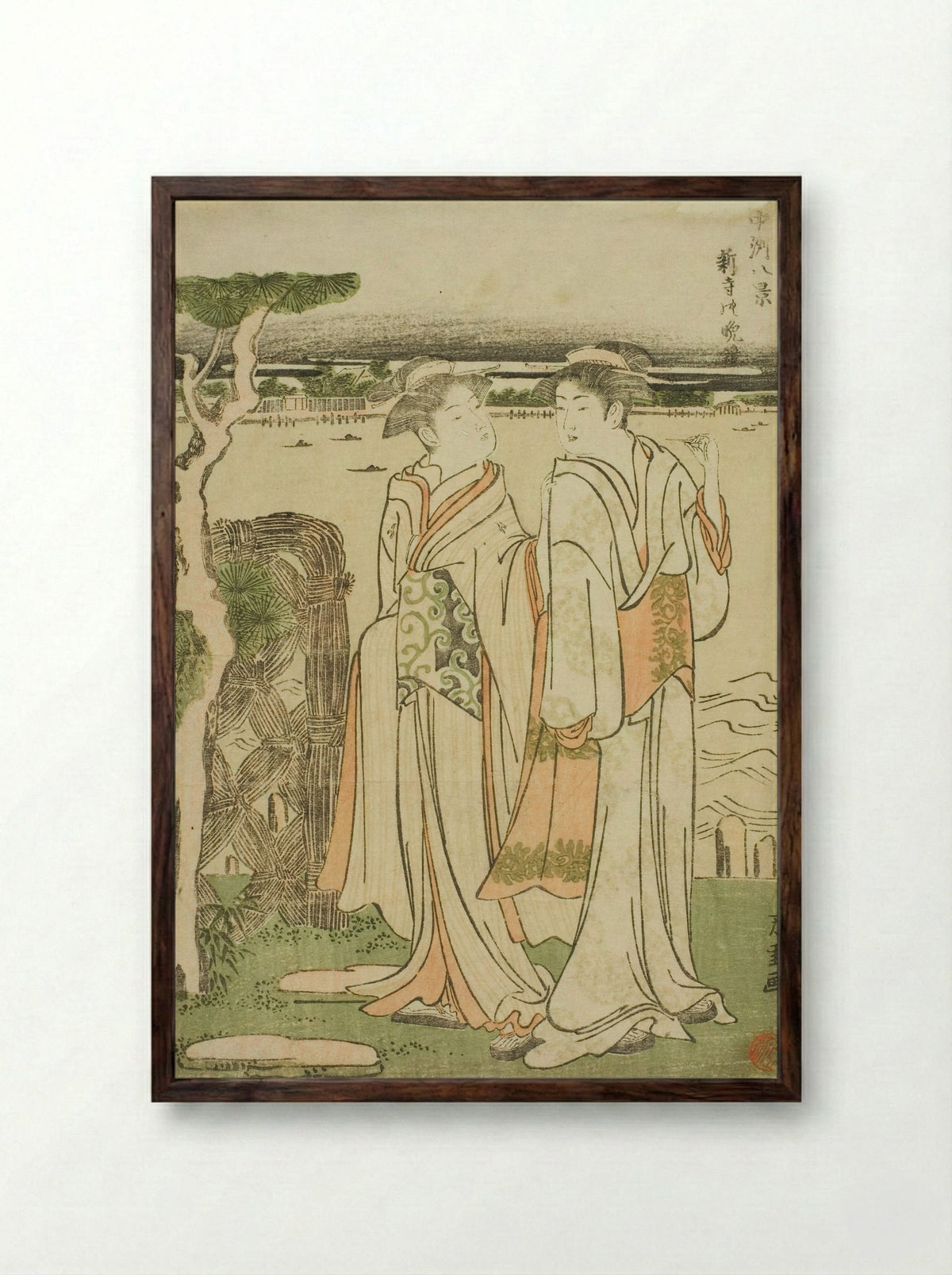 Evening Bell at Mii Temple - Katsushika Hokusai - Framed Print Dark Wood