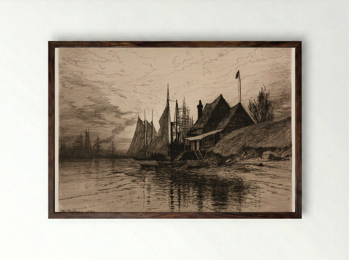 Evening, New York Harbor - Henry Farrer - Framed Print Dark Wood