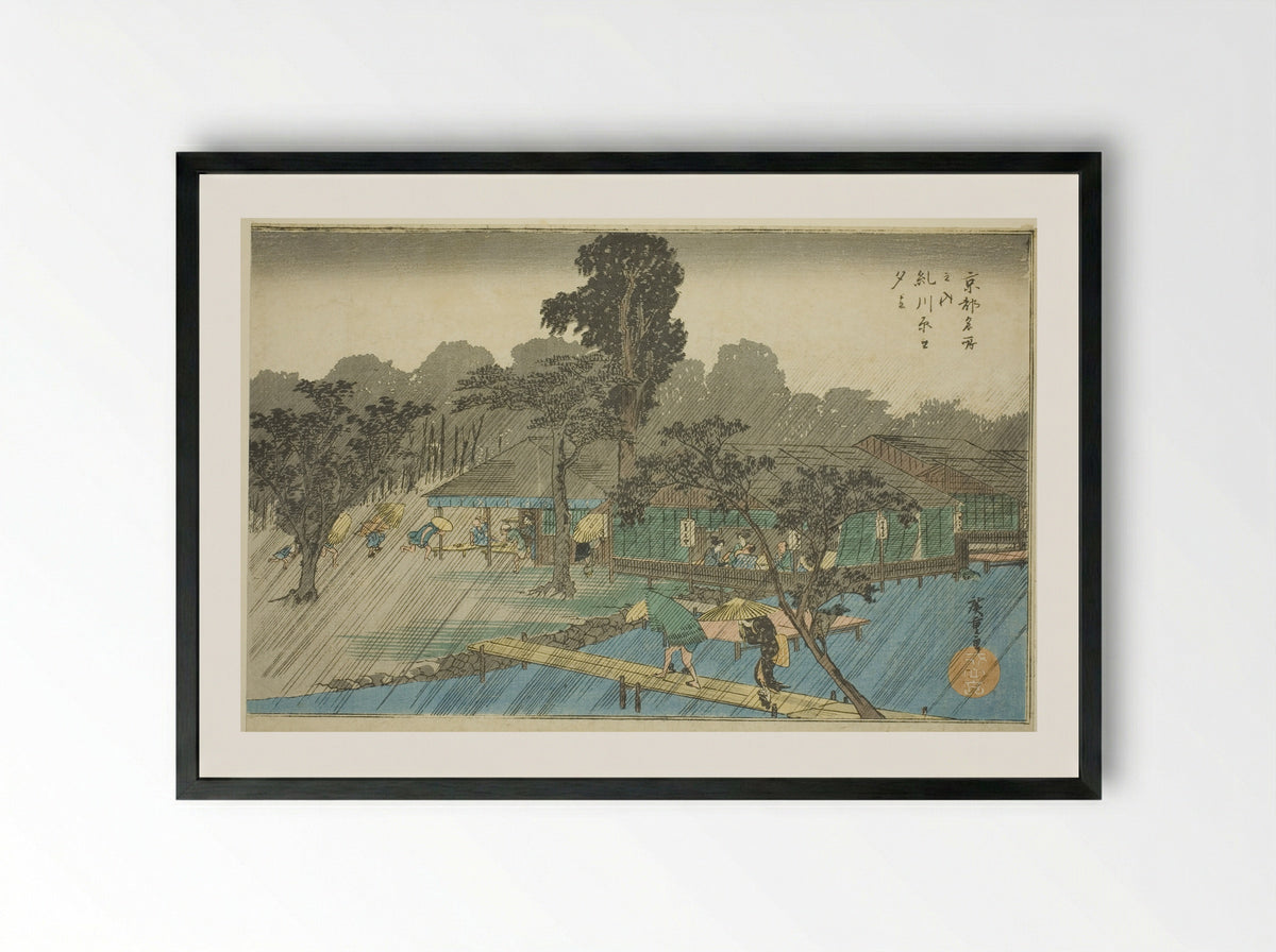 Evening Shower at the Bank of Tadasu River - Utagawa Hiroshige - Framed Print Black