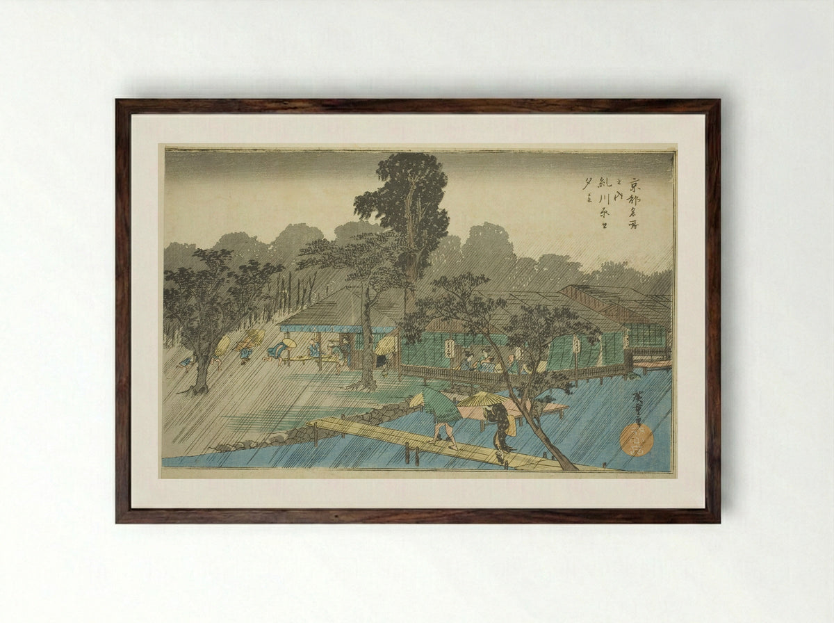 Evening Shower at the Bank of Tadasu River - Utagawa Hiroshige - Framed Print Dark Wood
