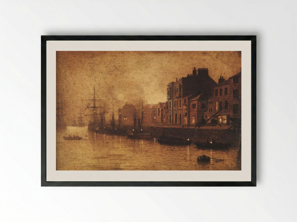 Evening, Whitby Harbour - John Atkinson Grimshaw - Framed Print Black