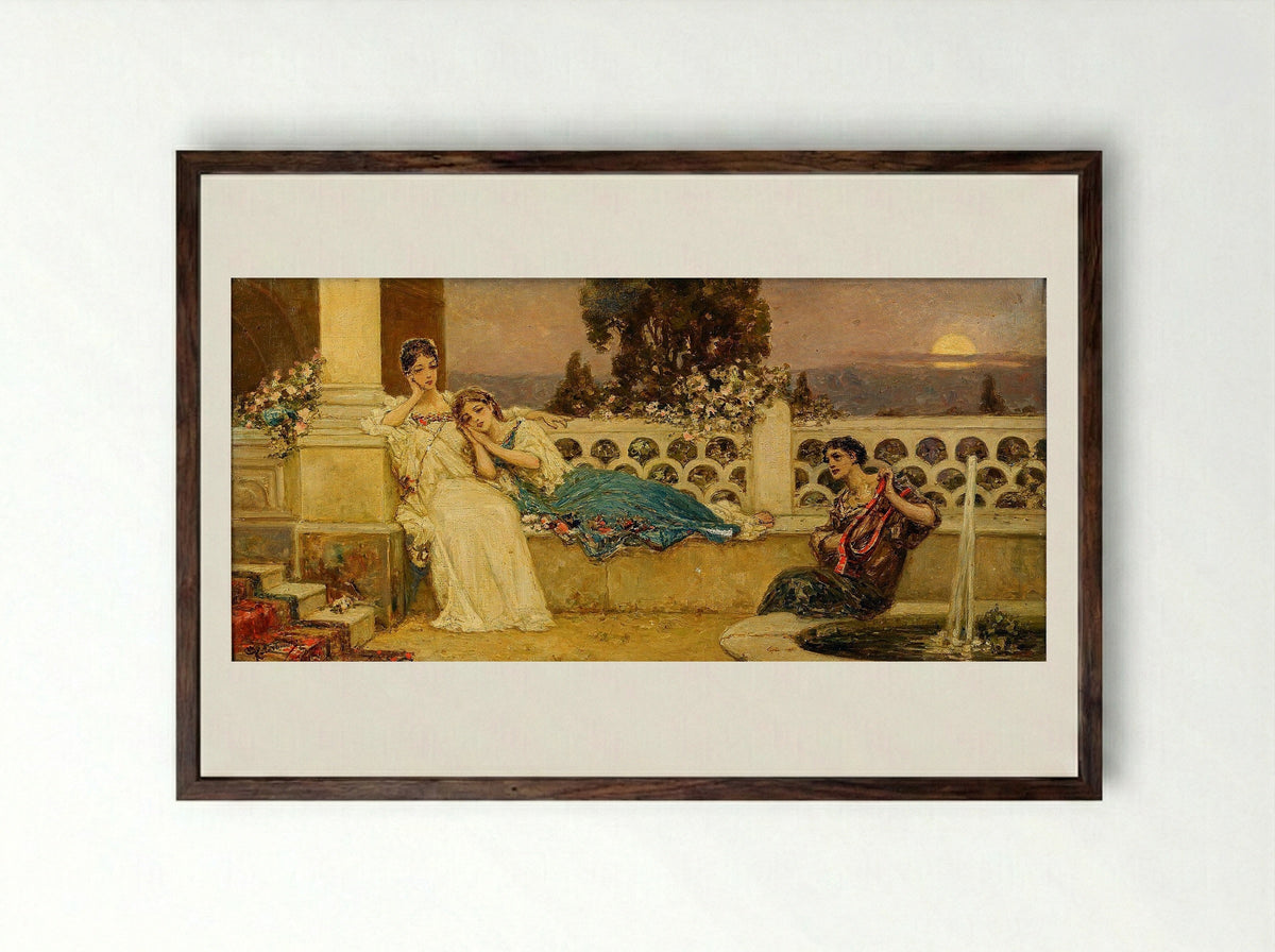 Evening at the Terrace - Wilhelm Kotarbinski - Framed Print Dark Wood