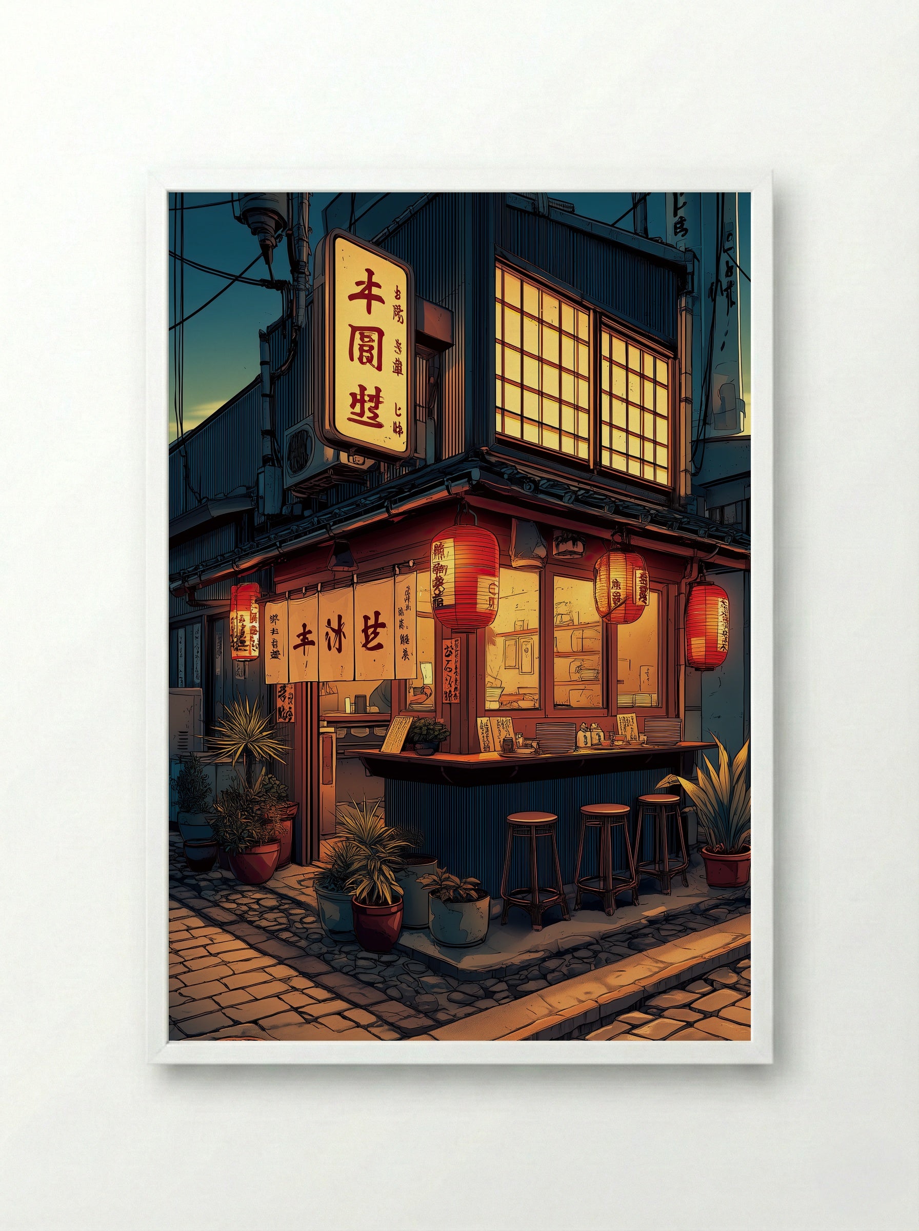 Evening at the Tofu Bar – A Tokyo Corner Shop Glow - Framed Print White