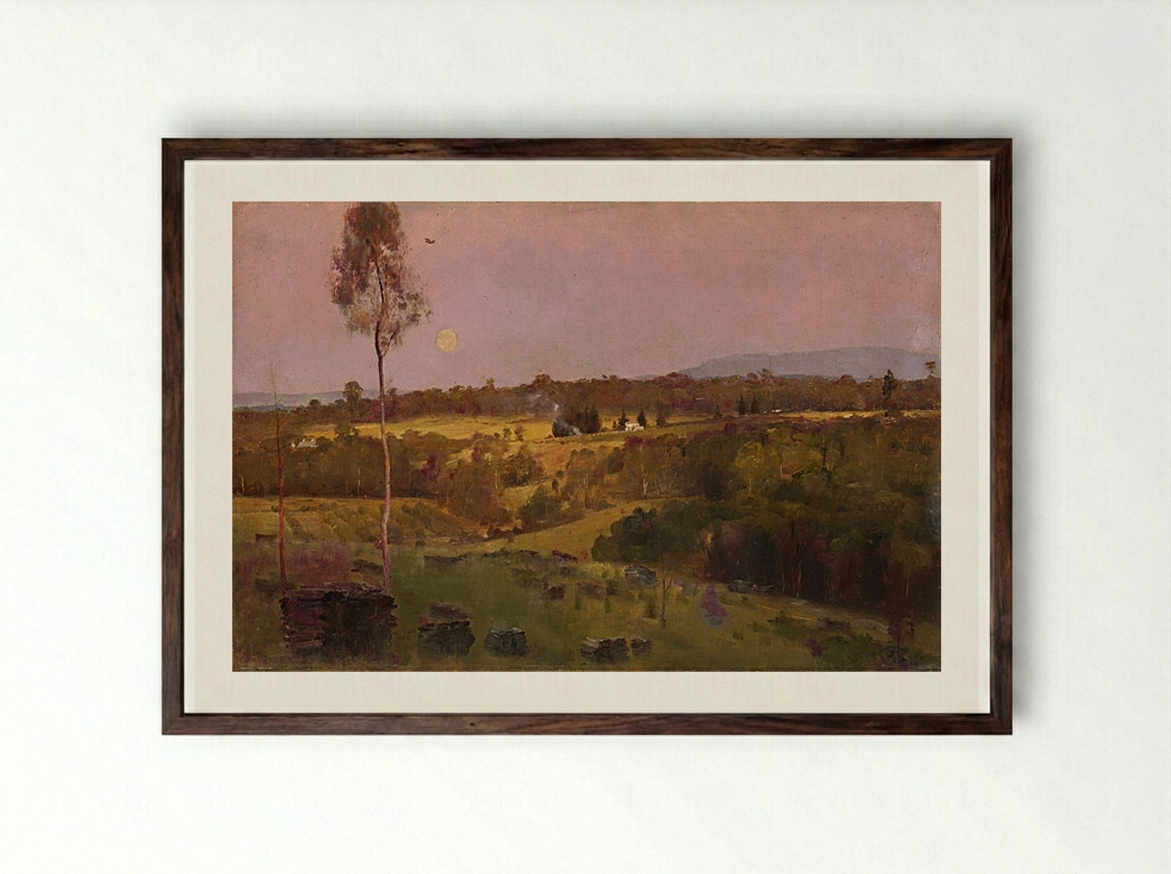 Evening, when the quiet east flushes faintly at the sun's last look - Tom Roberts - Framed Print Dark Wood