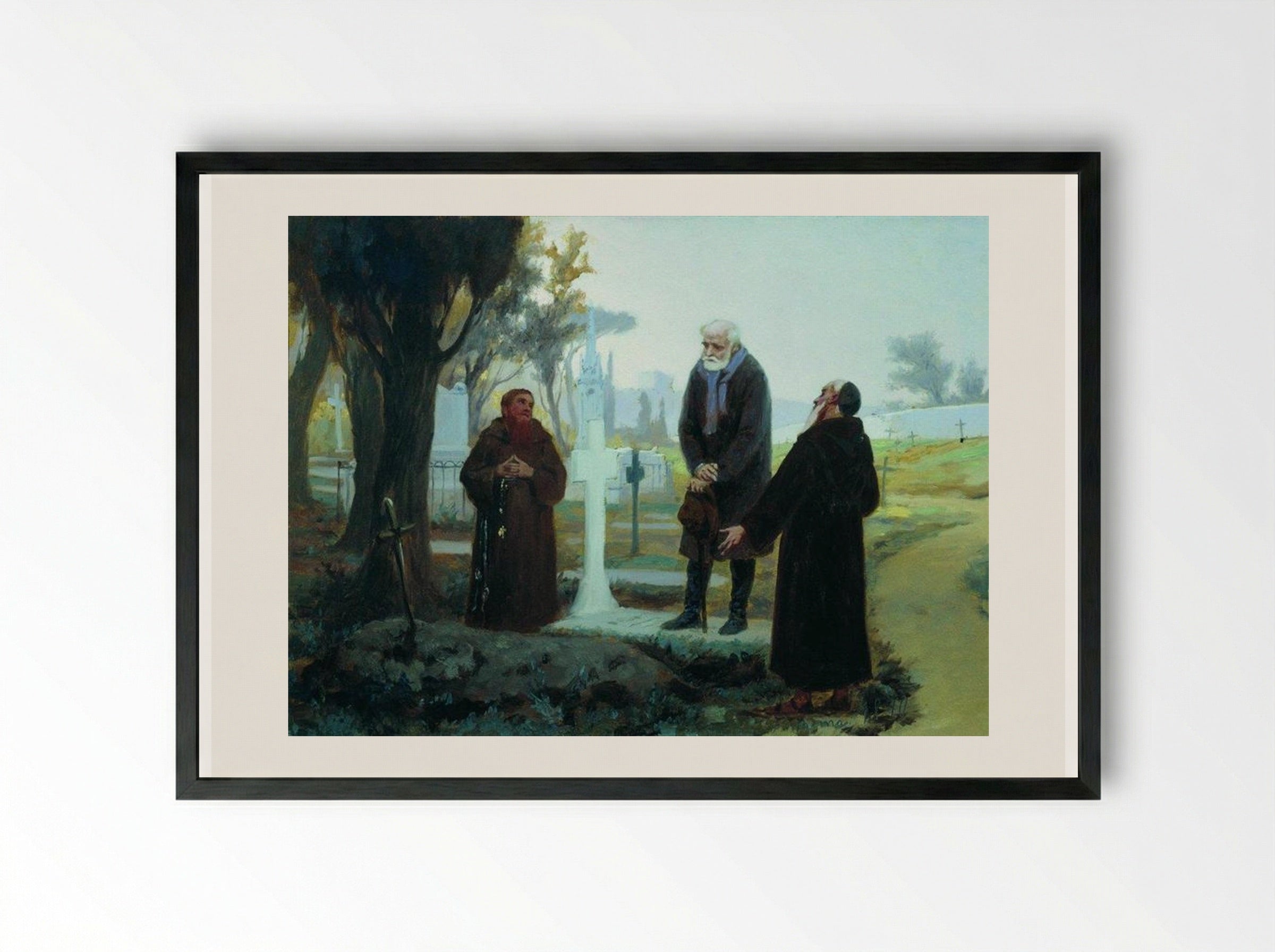 Exile in front of the grave - Fyodor Bronnikov - Framed Print Black