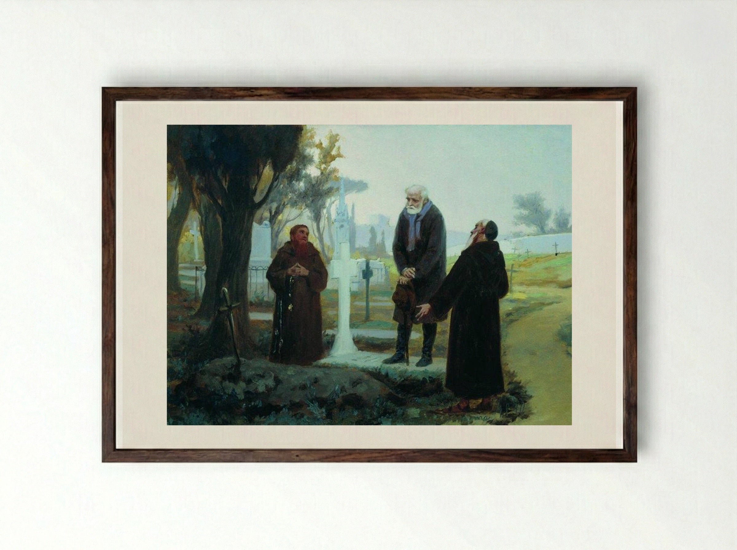 Exile in front of the grave - Fyodor Bronnikov - Framed Print Dark Wood