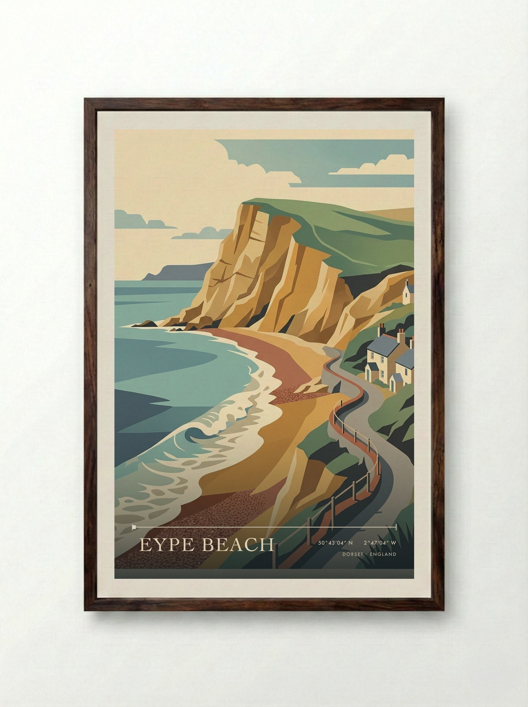 Eype Beach Dorset England Travel Poster - Framed Print Dark Wood