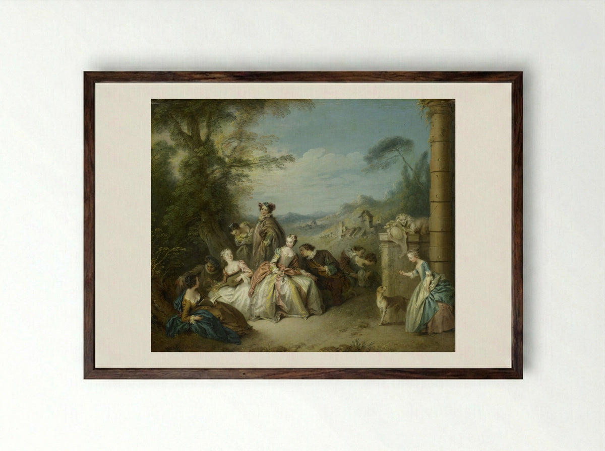 Fête galante in a Landscape - Jean-Baptiste-Joseph Pater - Framed Print Dark Wood