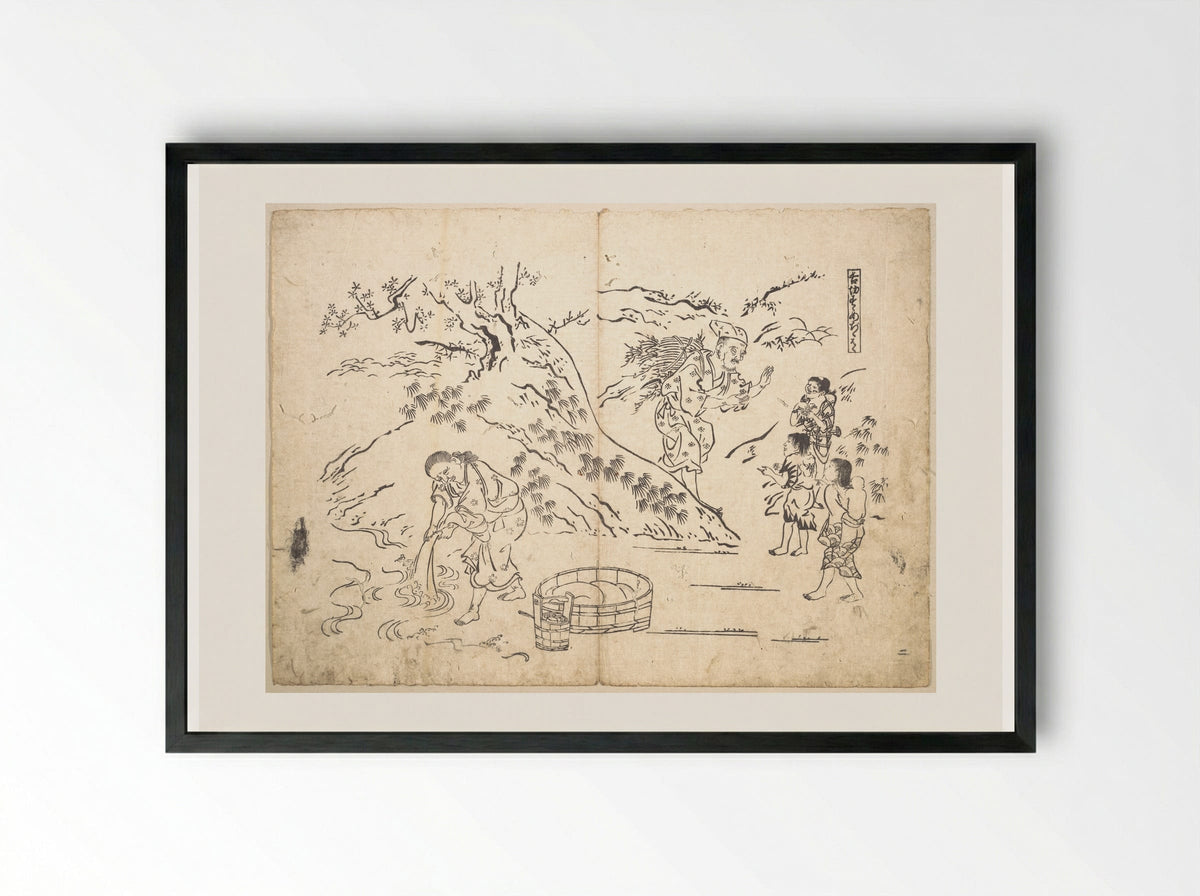Fagot-gatherer Finds Boy with Sparrow - Okumura Masanobu - Framed Print Black