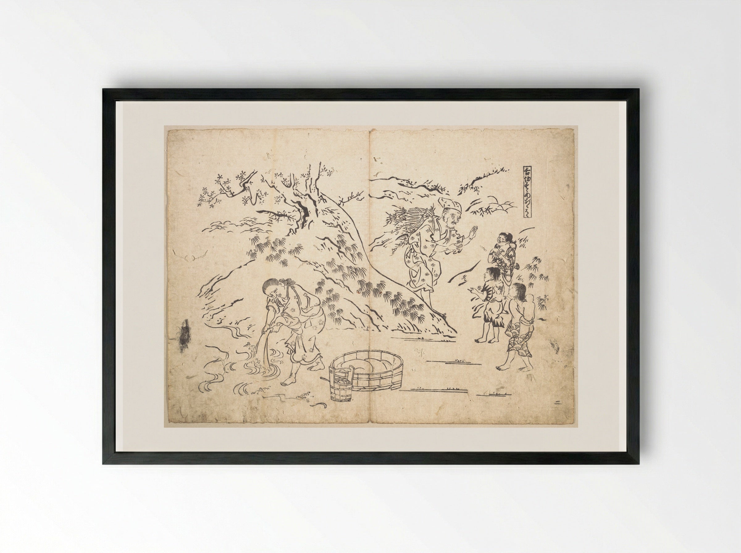 Fagot-gatherer Finds Boy with Sparrow - Okumura Masanobu - Framed Print Black