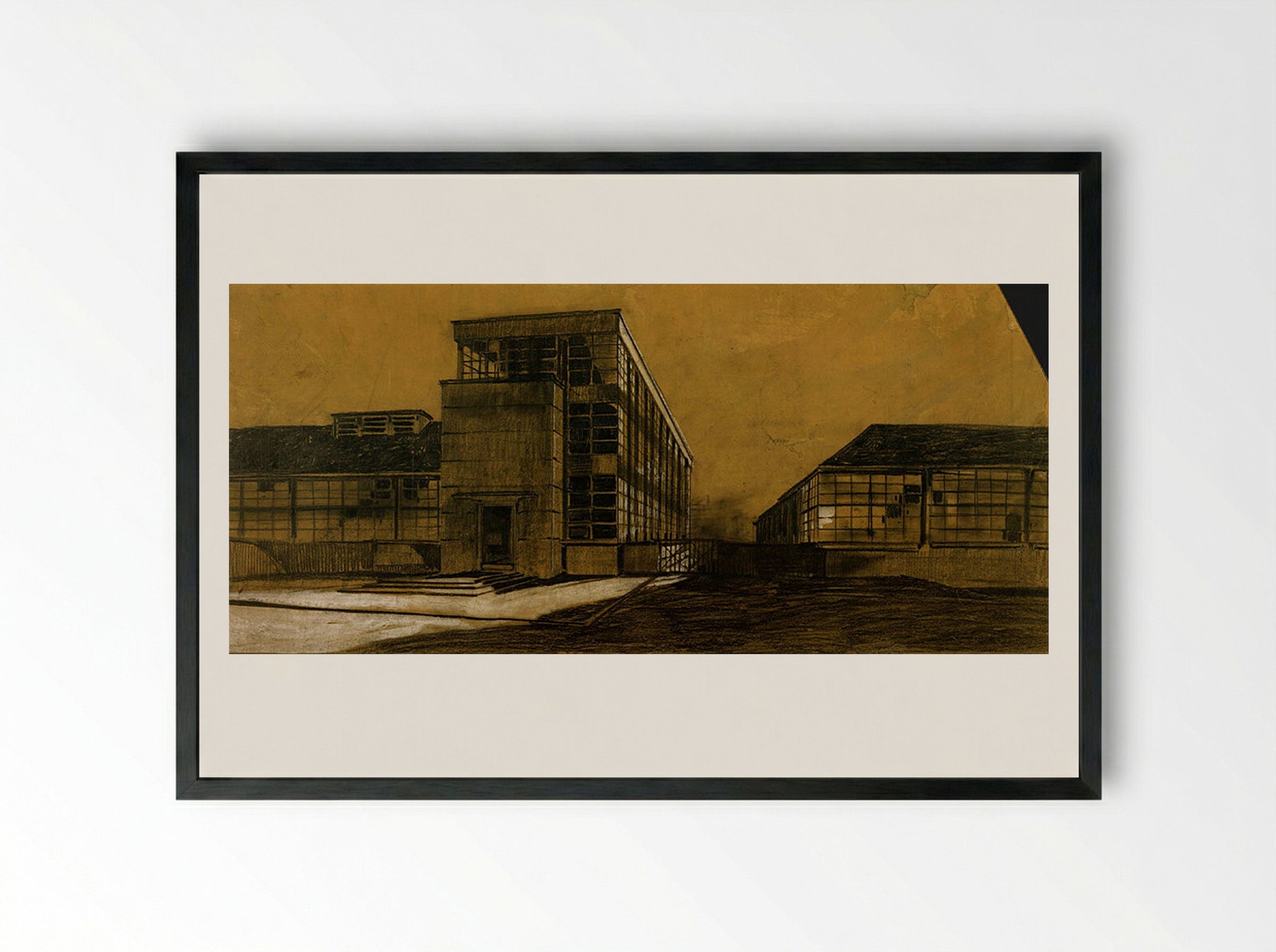 Fagus Shoe-Last Factory, Alfeld a. d. Leine: Perspective from Southwest - Walter Gropius - Framed Print Black