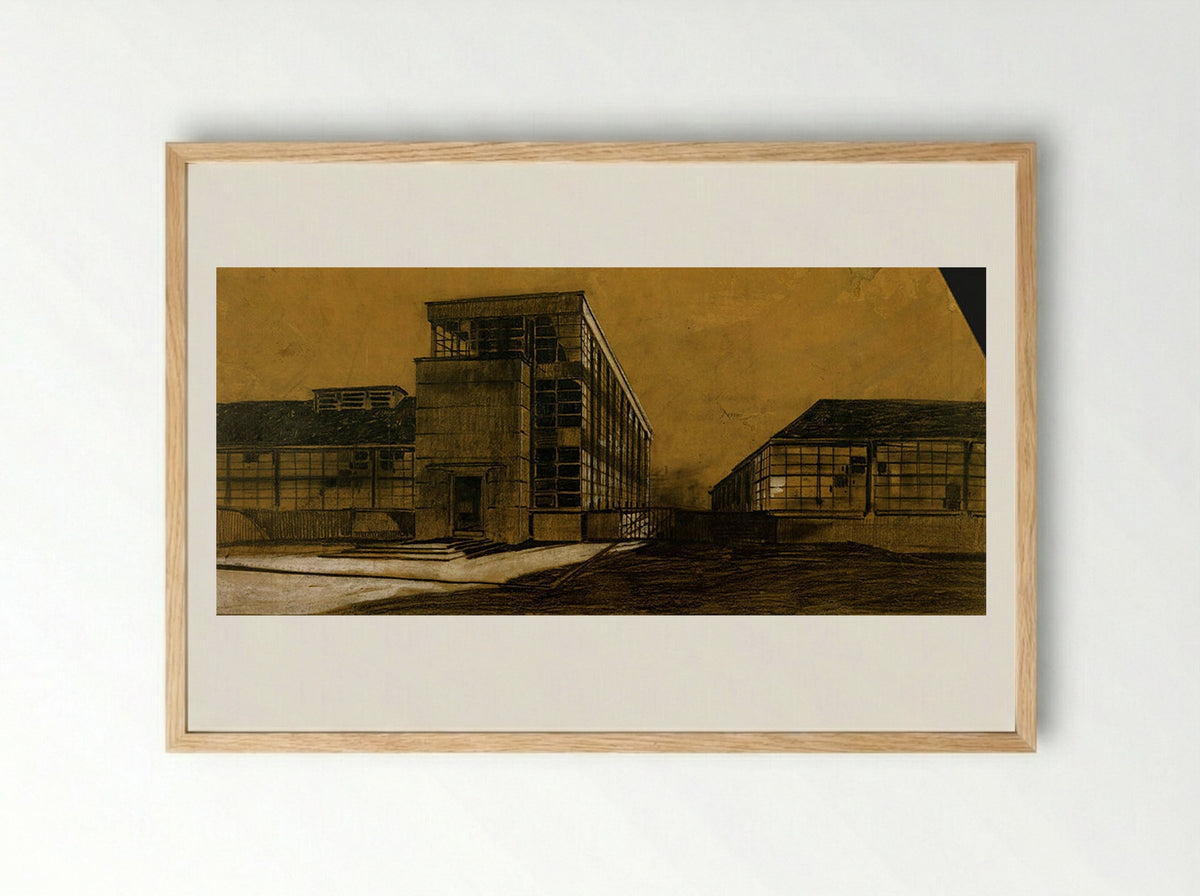 Fagus Shoe-Last Factory, Alfeld a. d. Leine: Perspective from Southwest - Walter Gropius - Framed Print Wood