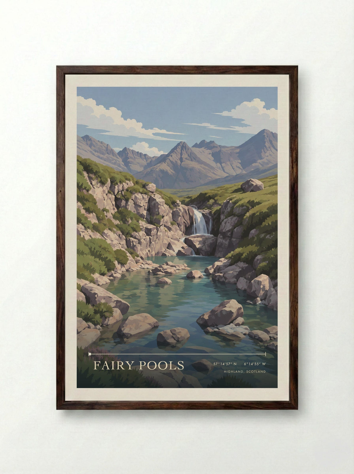 Fairy Pools, Highland, Scotland | Travel Poster - Framed Print Dark Wood