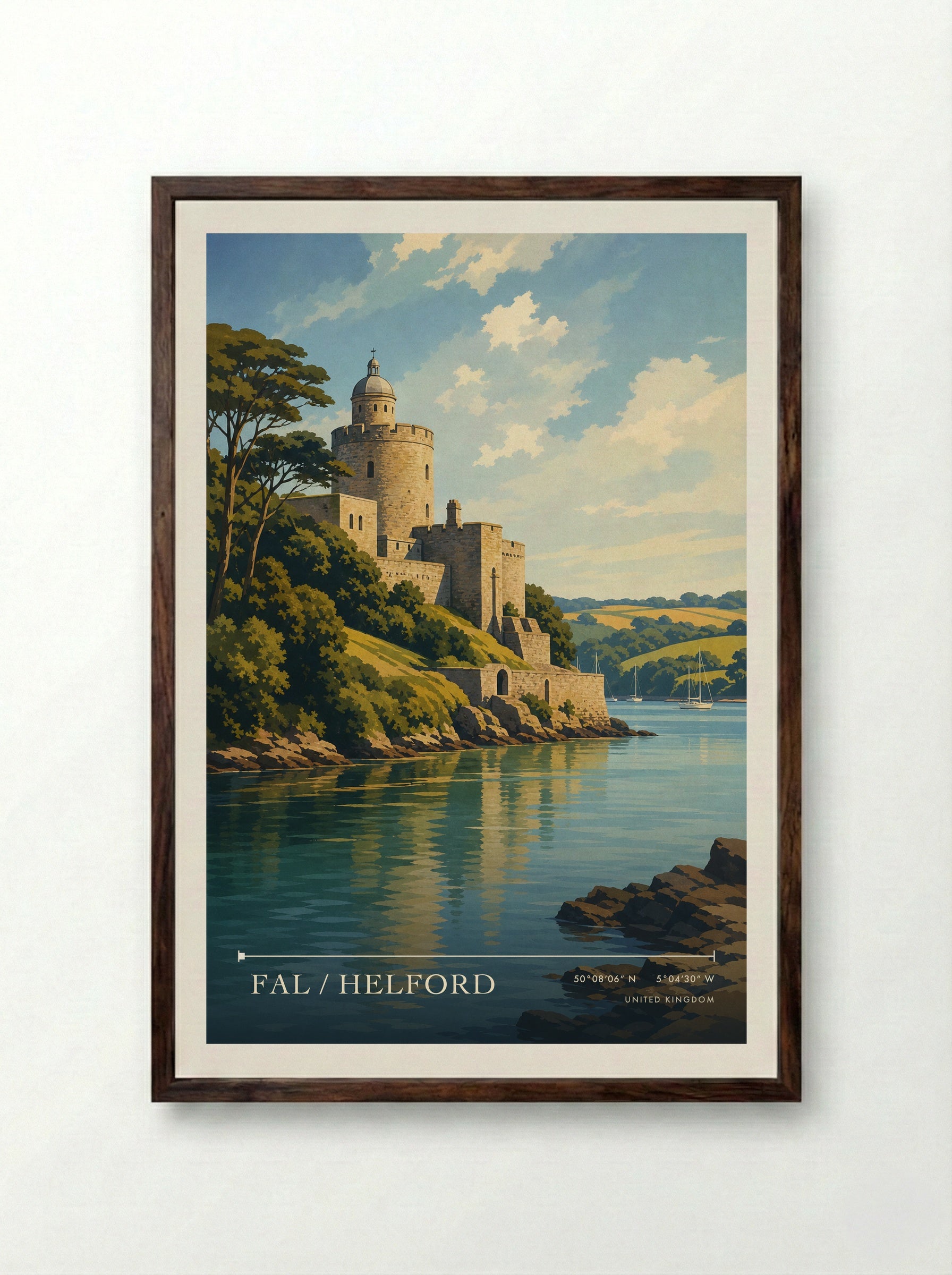 Fal / Helford United Kingdom Travel Poster - Framed Print Dark Wood