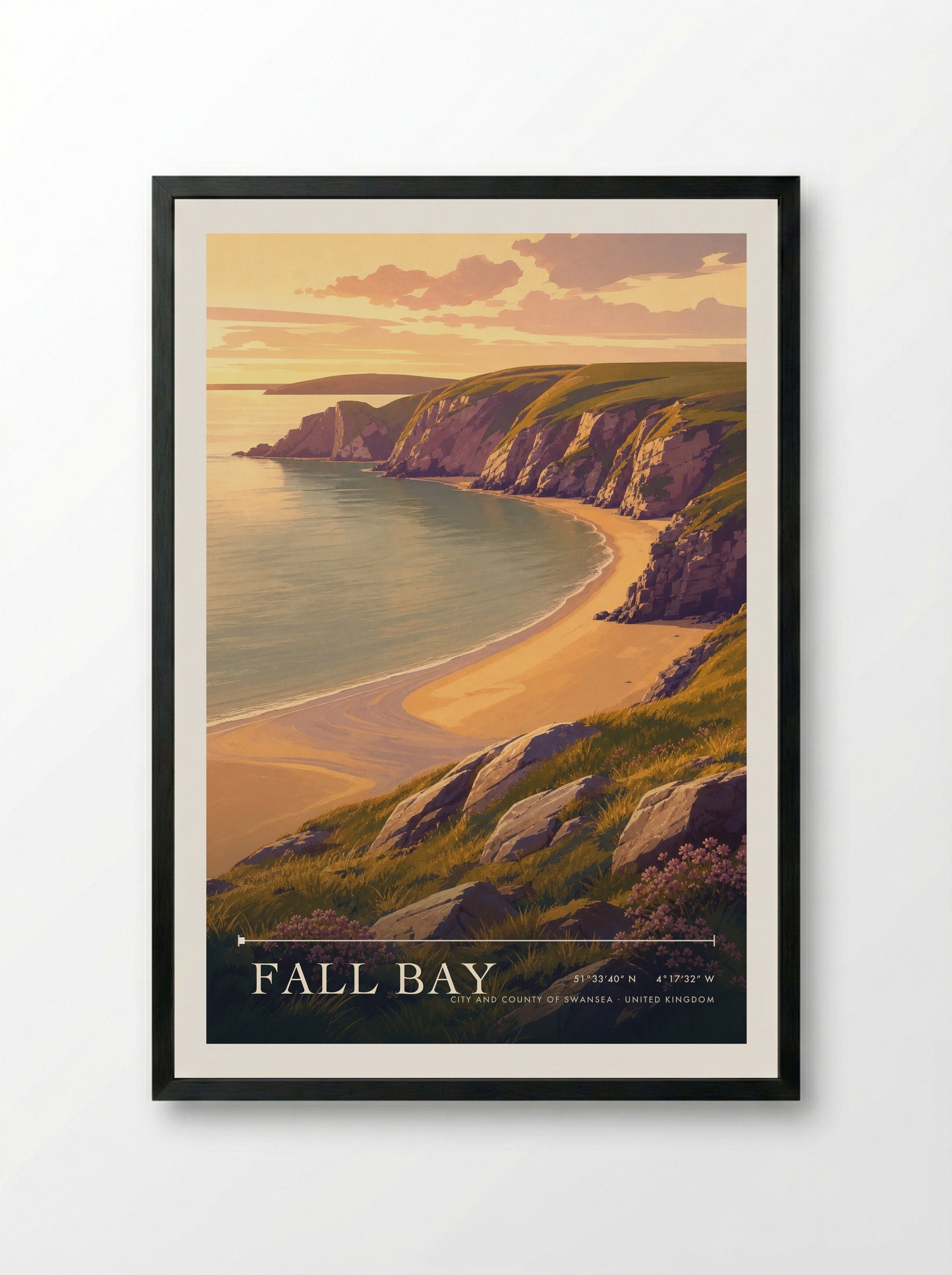 Fall Bay City and County of Swansea United Kingdom Travel Poster - Framed Print Black