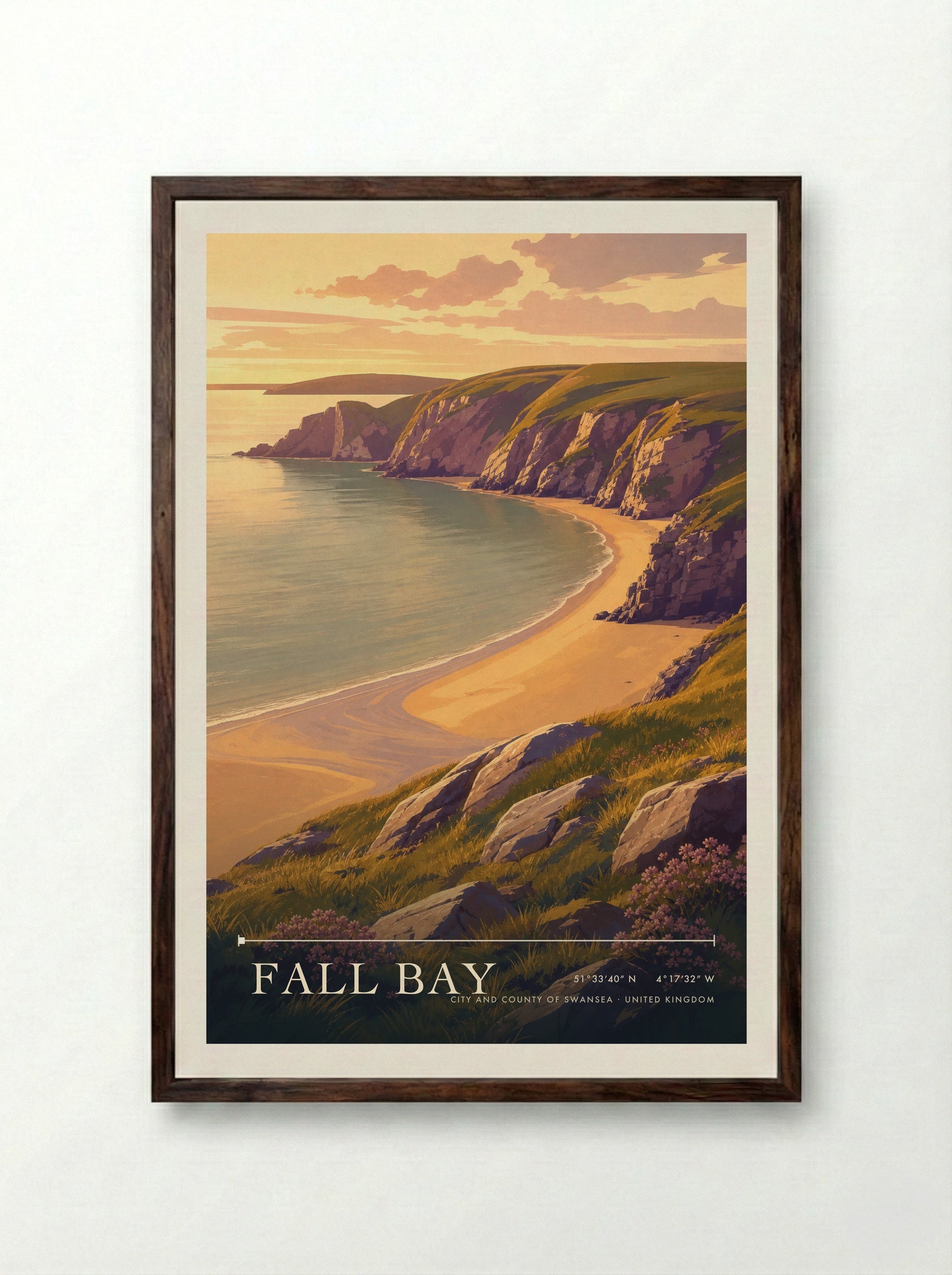 Fall Bay City and County of Swansea United Kingdom Travel Poster - Framed Print Dark Wood