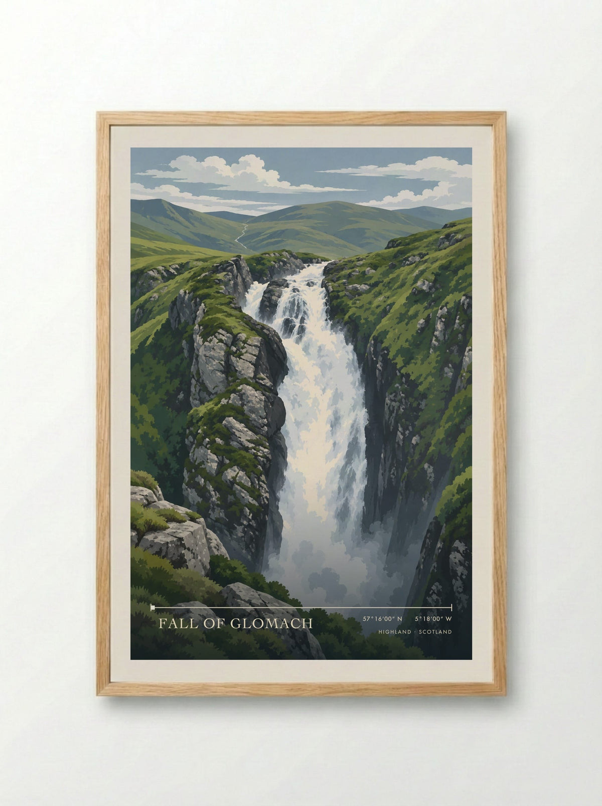 Fall of Glomach, Highland | Travel Poster - Framed Print Wood