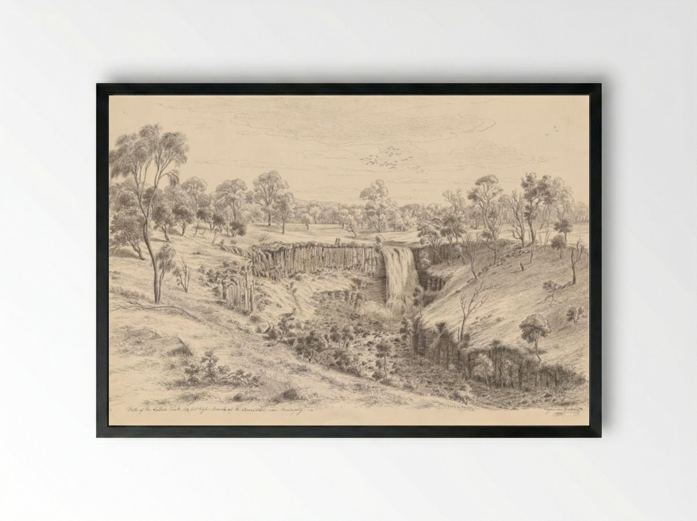 Fall of the Lallal creek, 112 feet high, branch of the Moorobool near Buninyong - Eugene von Guerard - Framed Print Black