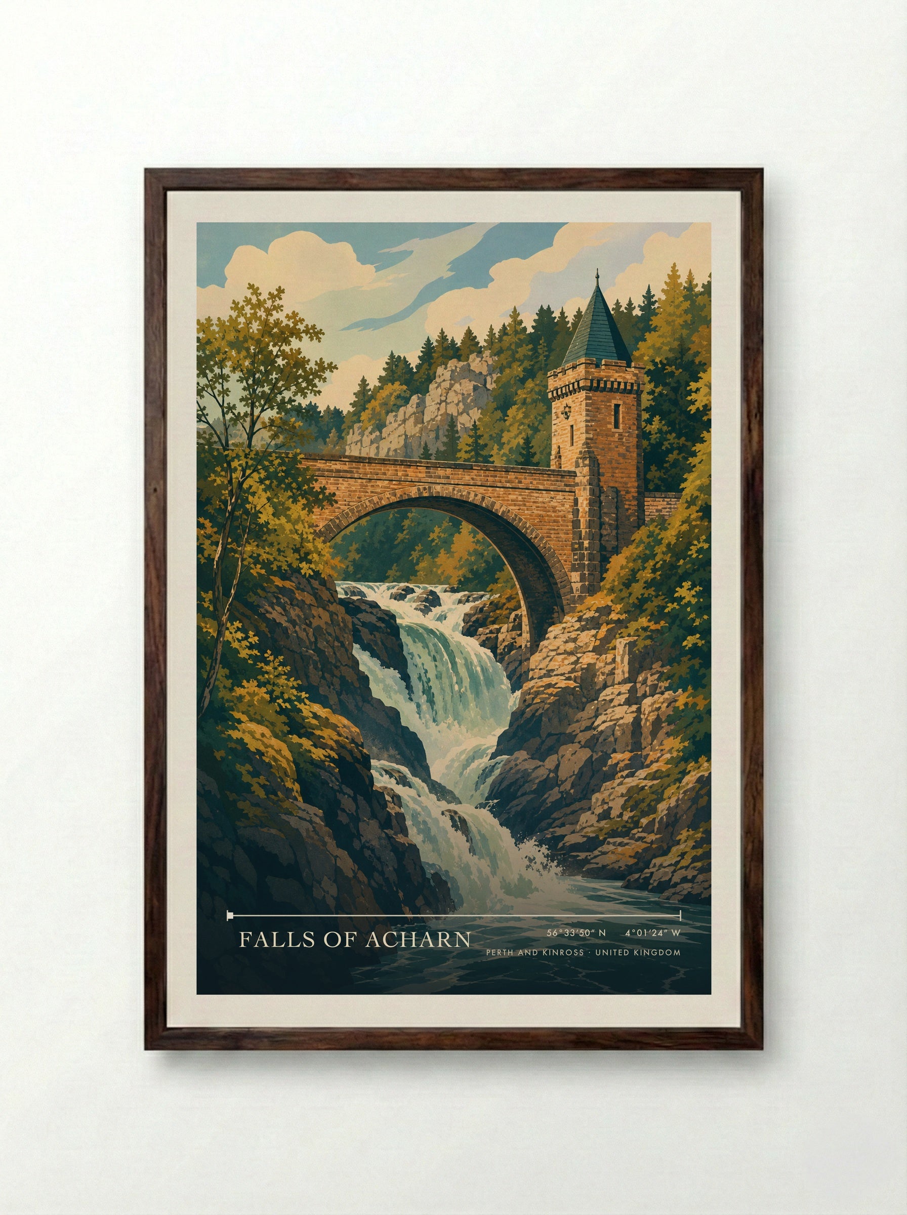 Falls of Acharn Perth and Kinross United Kingdom Travel Poster - Framed Print Dark Wood