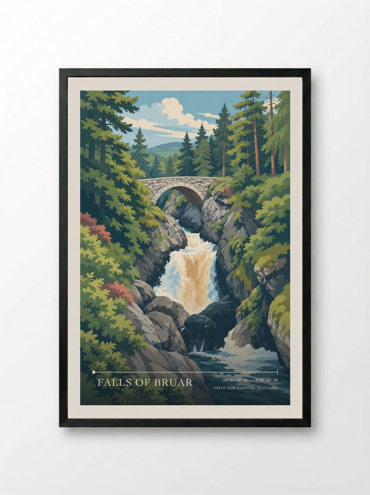 Falls of Bruar, Perth and Kinross, Scotland | Travel Poster - Framed Print Black