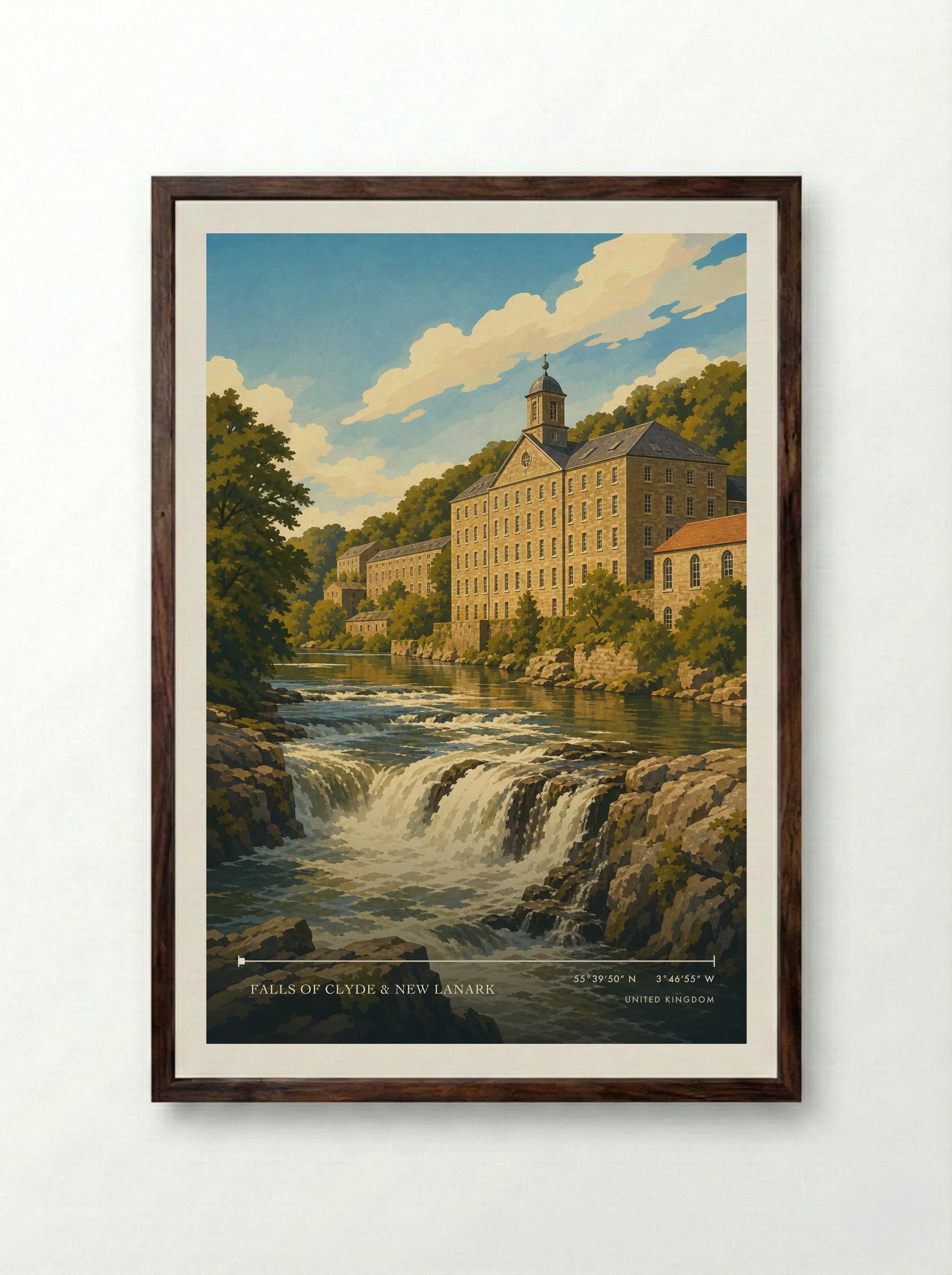 Falls of Clyde & New Lanark United Kingdom Travel Poster - Framed Print Dark Wood