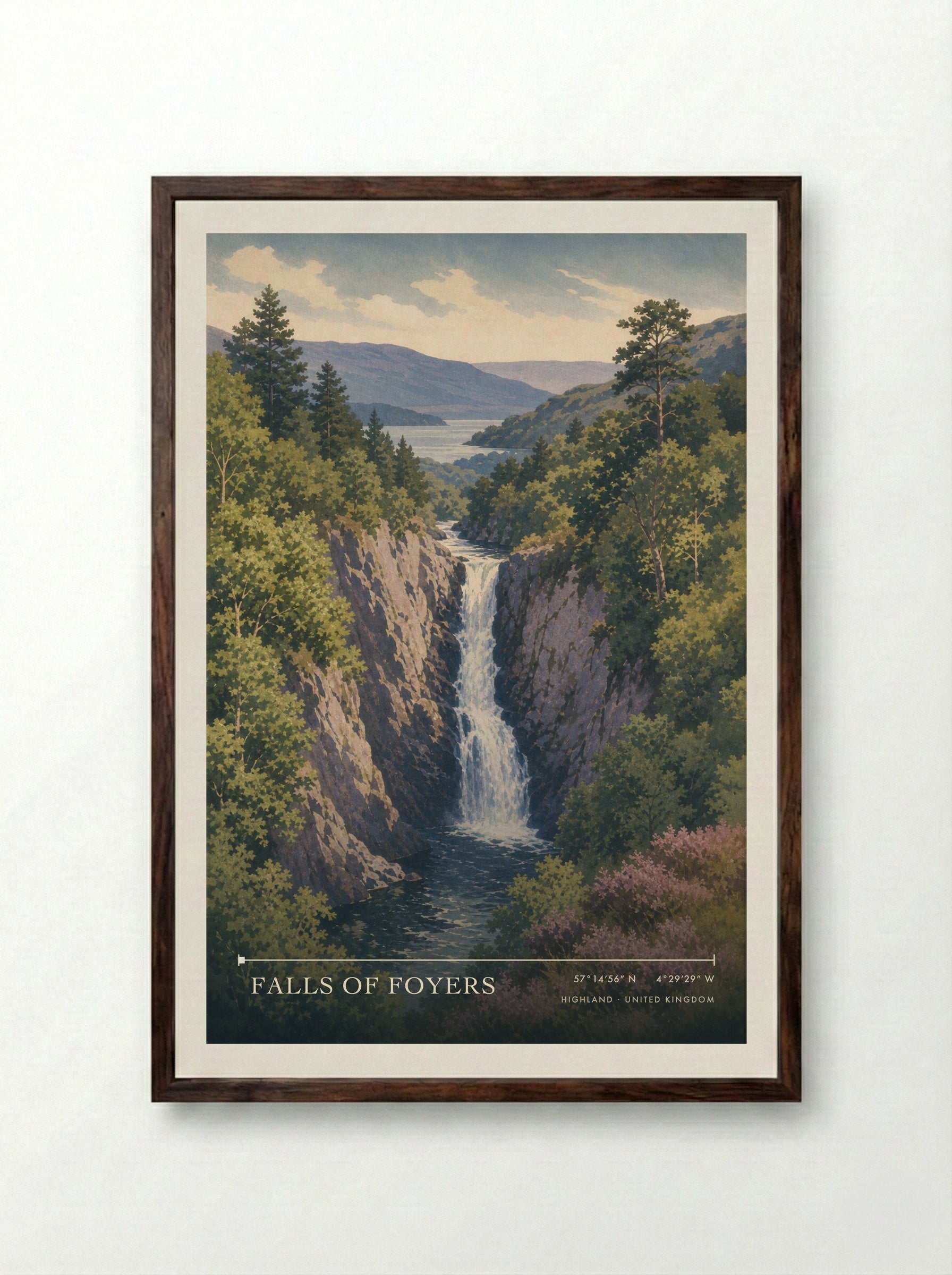 Falls of Foyers Highland United Kingdom Travel Poster - Framed Print Dark Wood