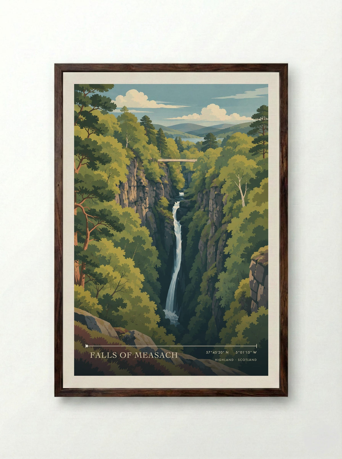 Falls of Measach, Highland | Travel Poster - Framed Print Dark Wood