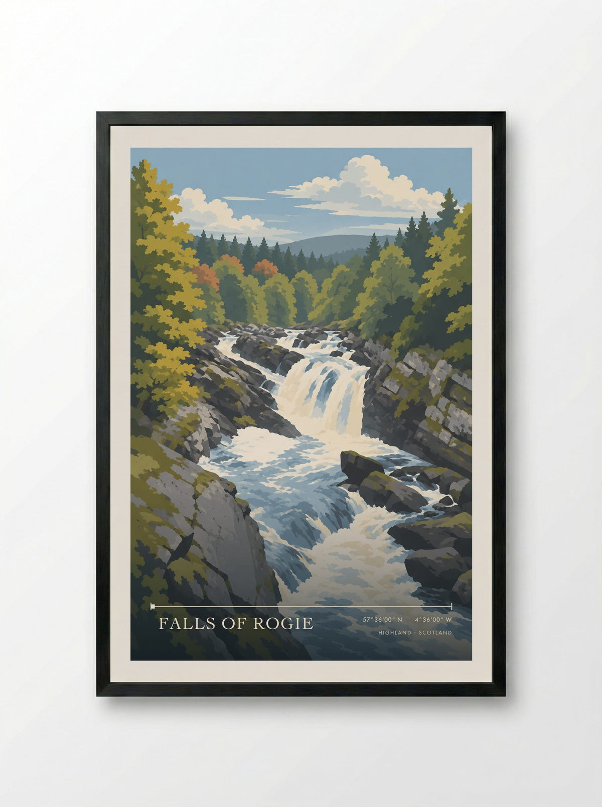 Falls of Rogie, Highland | Travel Poster - Framed Print Black