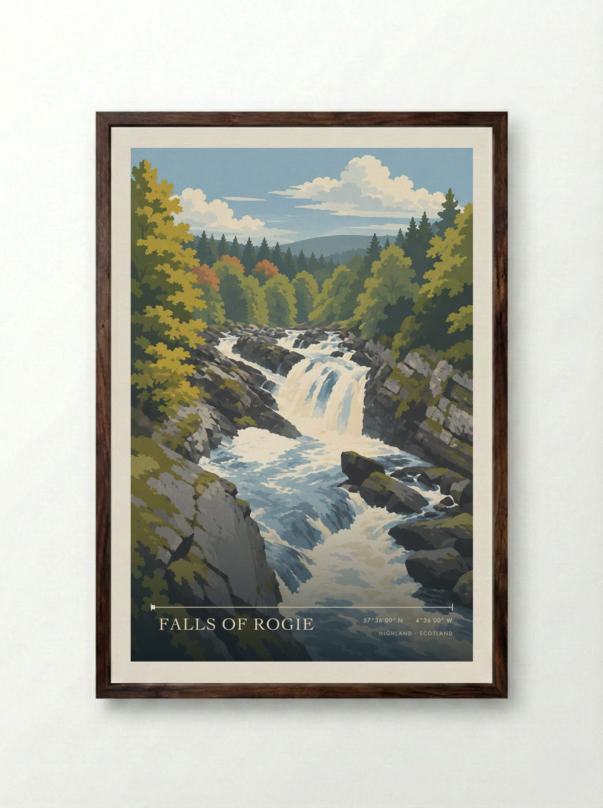 Falls of Rogie, Highland | Travel Poster - Framed Print Dark Wood