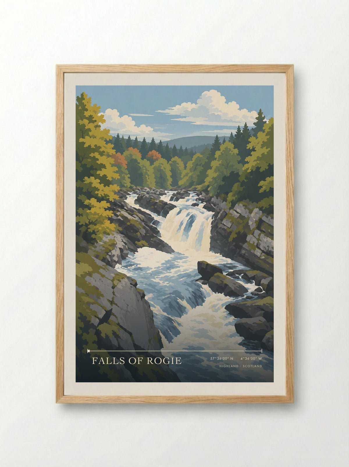 Falls of Rogie, Highland | Travel Poster - Framed Print Wood
