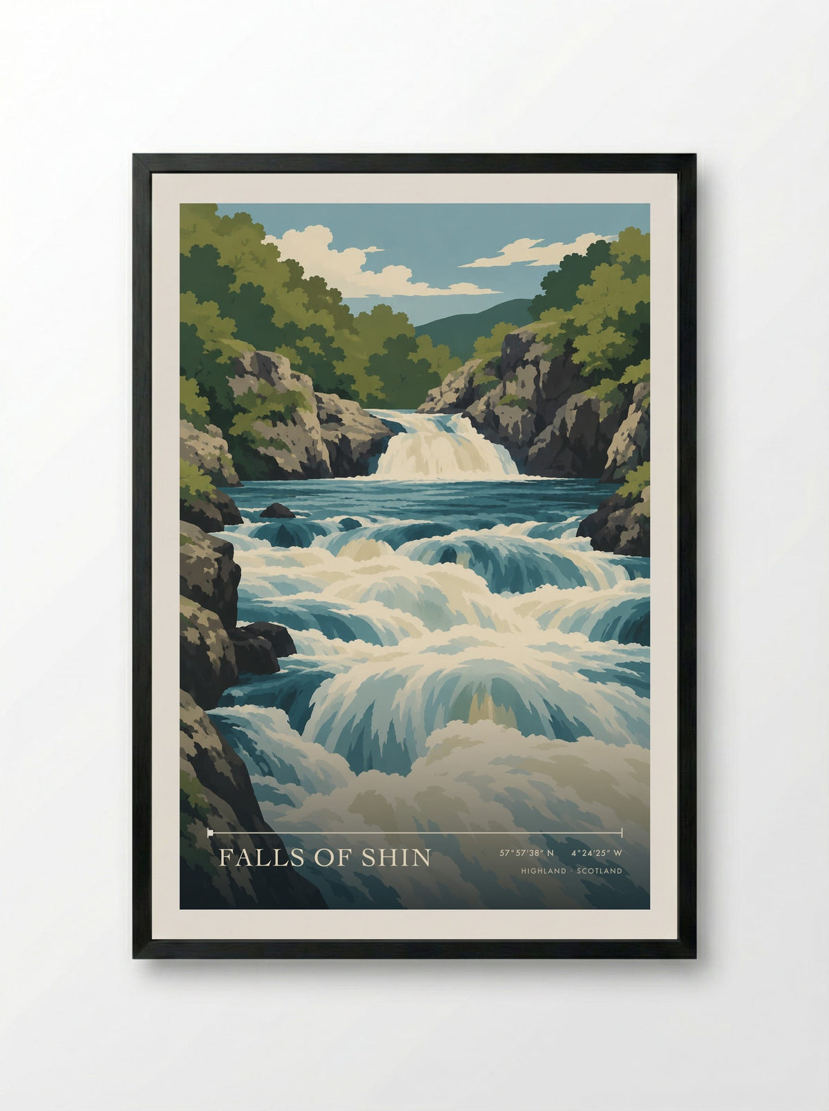 Falls of Shin, Highland | Travel Poster - Framed Print Black
