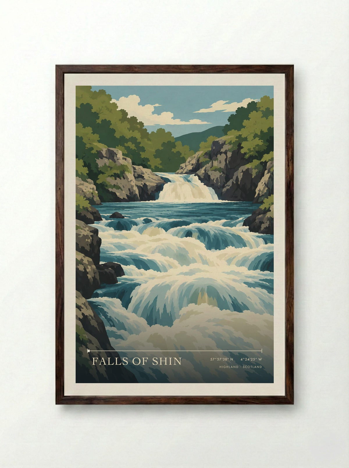 Falls of Shin, Highland | Travel Poster - Framed Print Dark Wood