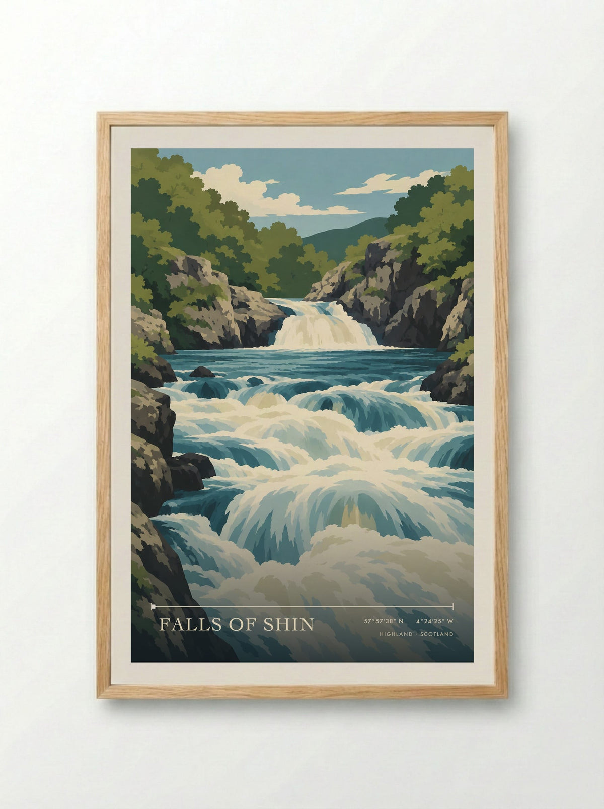 Falls of Shin, Highland | Travel Poster - Framed Print Wood