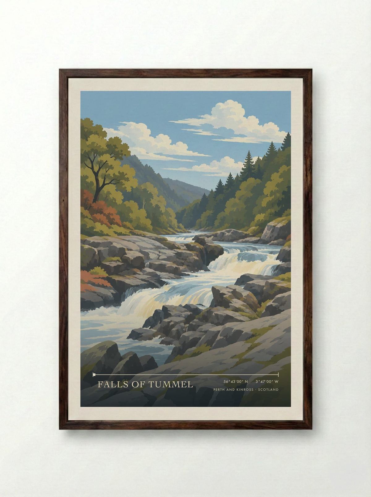 Falls of Tummel, Perth and Kinross | Travel Poster - Framed Print Dark Wood