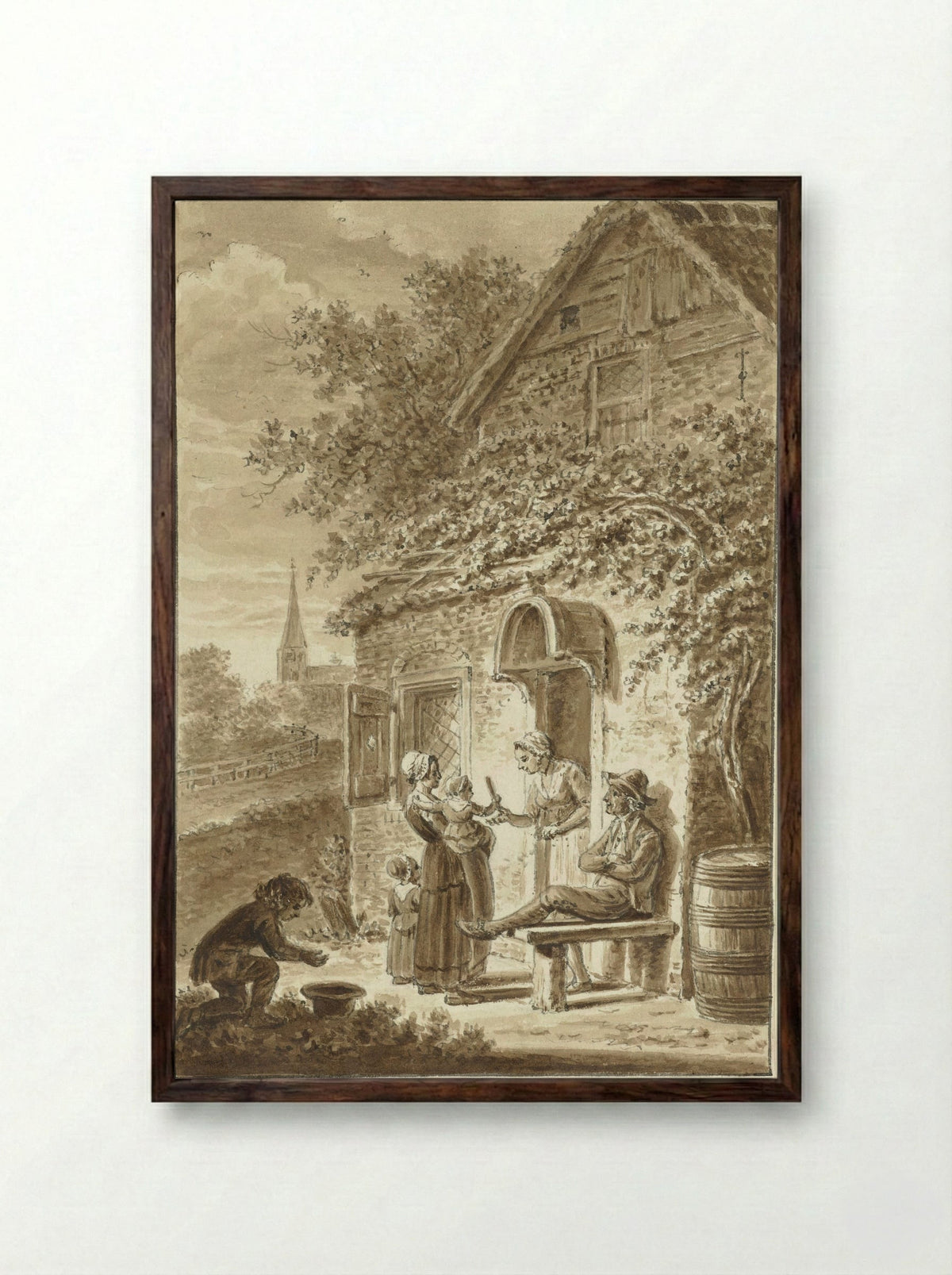 Familie voor het huis - Johannes Petrus van Horstok - Framed Print Dark Wood