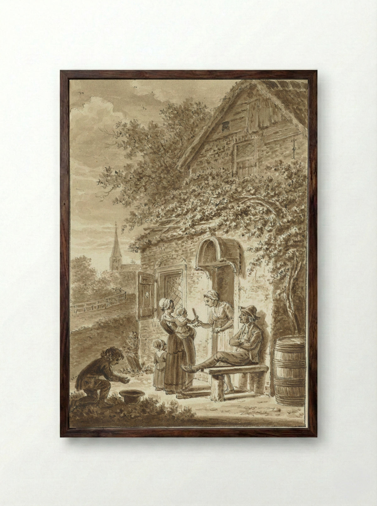 Familie voor het huis - Johannes Petrus van Horstok - Framed Print Dark Wood
