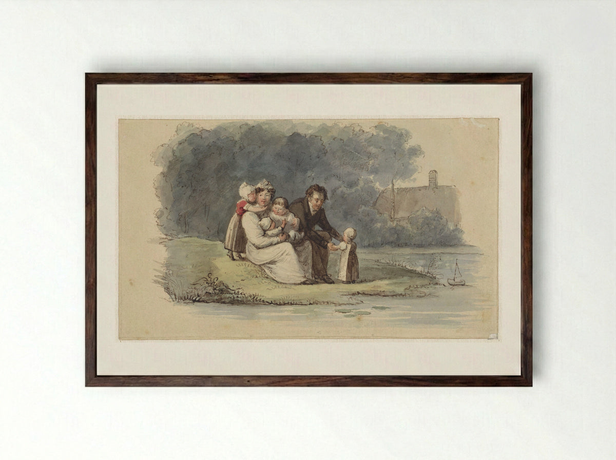 Familie zittend aan het water - Christiaan Julius Lodewijk Portman - Framed Print Dark Wood