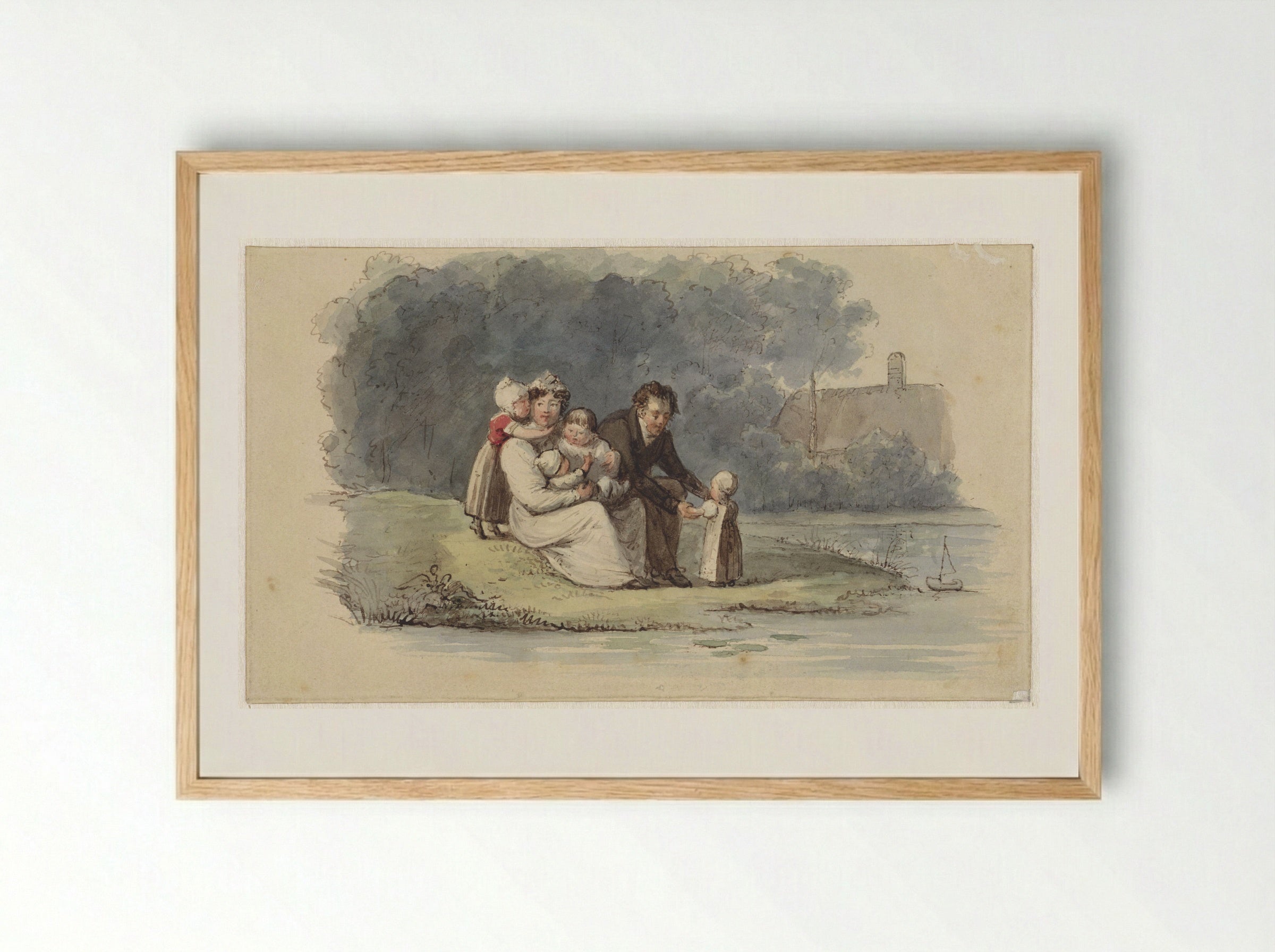 Familie zittend aan het water - Christiaan Julius Lodewijk Portman - Framed Print Wood
