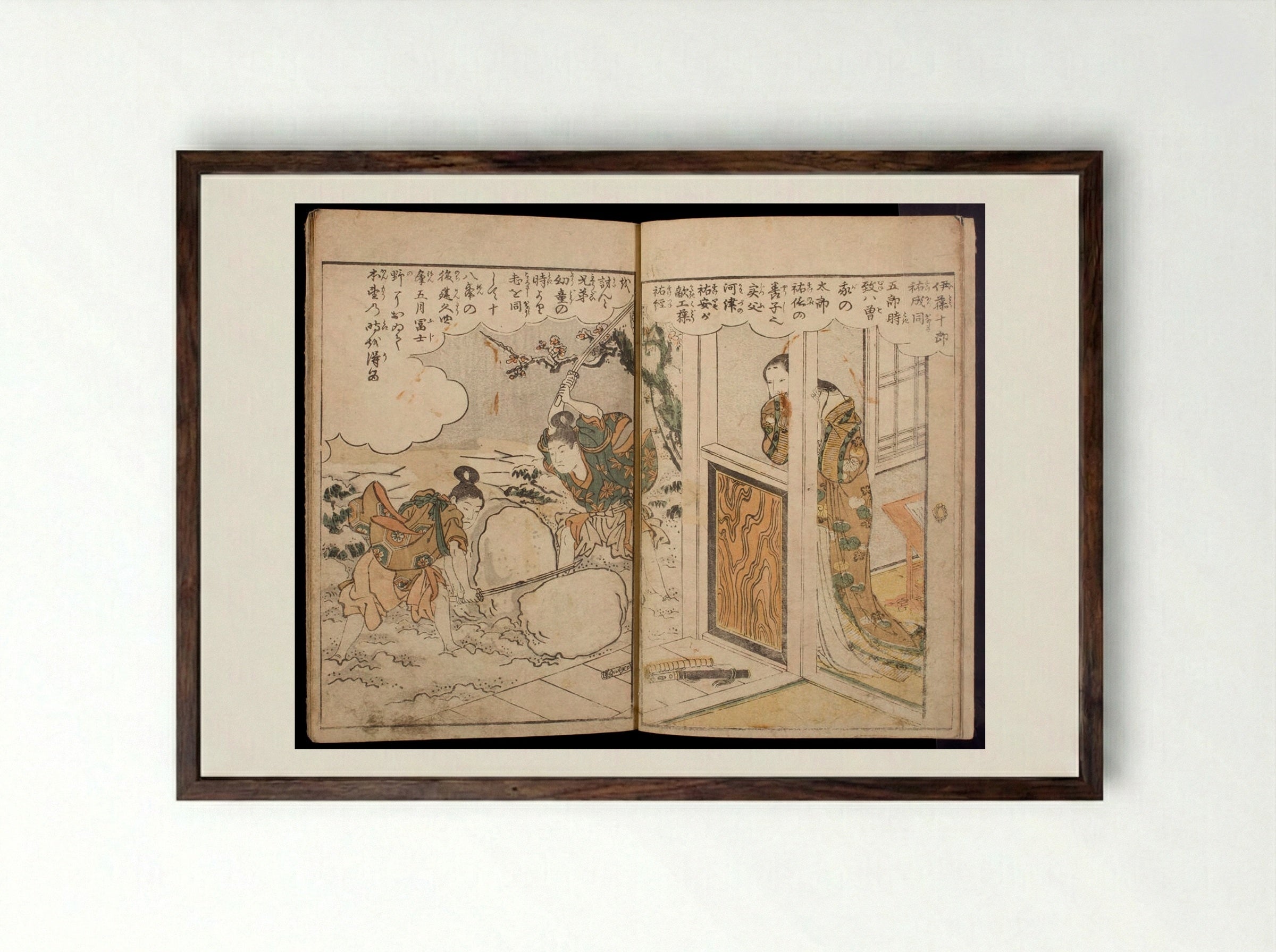 Famous Historical Warriors in Action (Ehon muchi bukuro), Vol. 2 - Torii Kiyonaga - Framed Print Dark Wood
